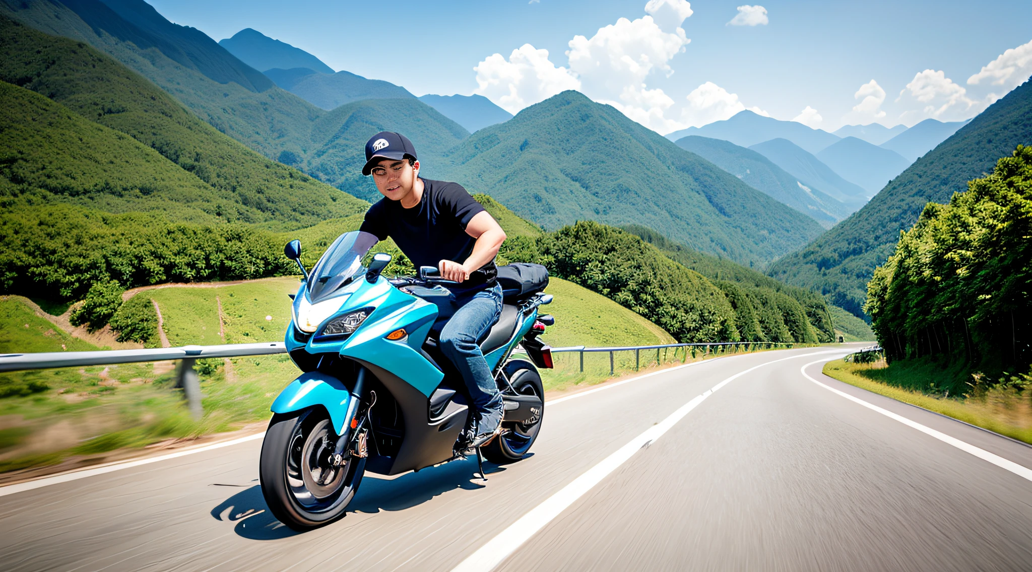 A Chinese man in a baseball cap (black T-shirt, blue jeans, grass green backpack), he rides a blue-and-white motorcycle, driving on mountain roads (medium view, motion blur), mountain scenery in the distance, floating in the mountains and forests with light mist (far view, long angle lens, increased depth of field), motion picture film p30