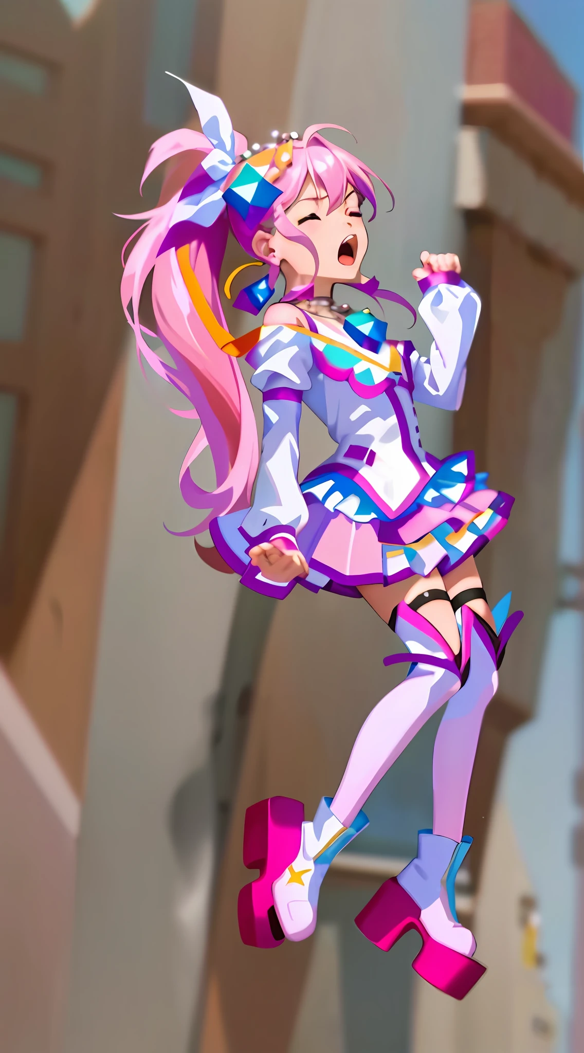 (Masterpiece: 1.5), (Best quality: 1.5), 8k,1 girl, eyes closed, mouth open, screaming, pink hair, single ponytail, white top, pink pleated skirt, pink over-the-knee socks, white boots, sapphire earrings, sapphire necklace, simple background