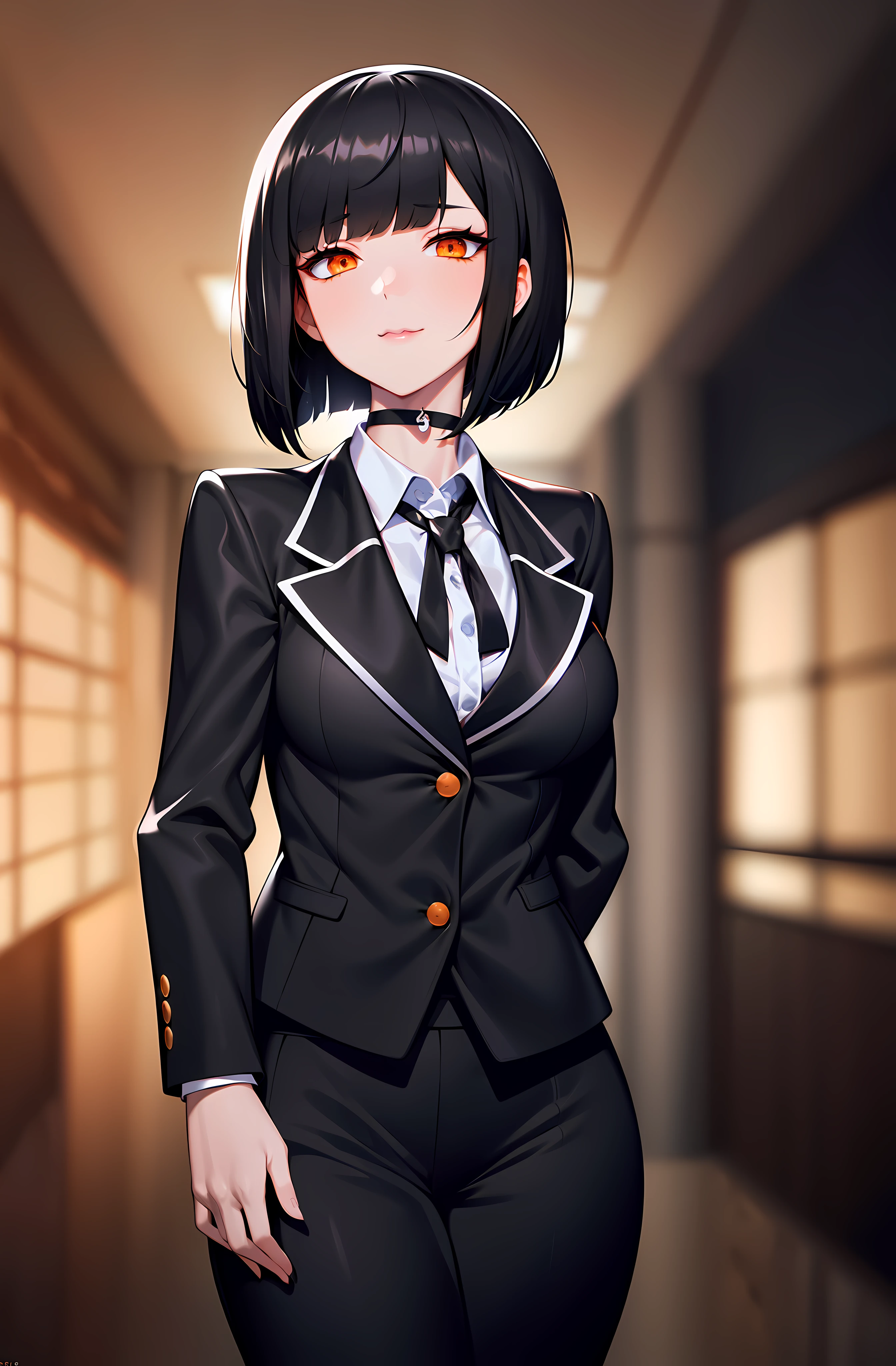 best quality, high-res, blur, 1girl, sleeveless white button shirt, black business jacket, black pants, black choker, cute, (secretary), (aegyo sal:1), (black reverse bob cut, short hair:1), ((orange eyes)), looking at viewer, full body, facing front, dark studio, rim lighting, two tone lighting, dimly lit, low key, zeronis, blurred, blur, beautiful, perfection, trending on ArtStation