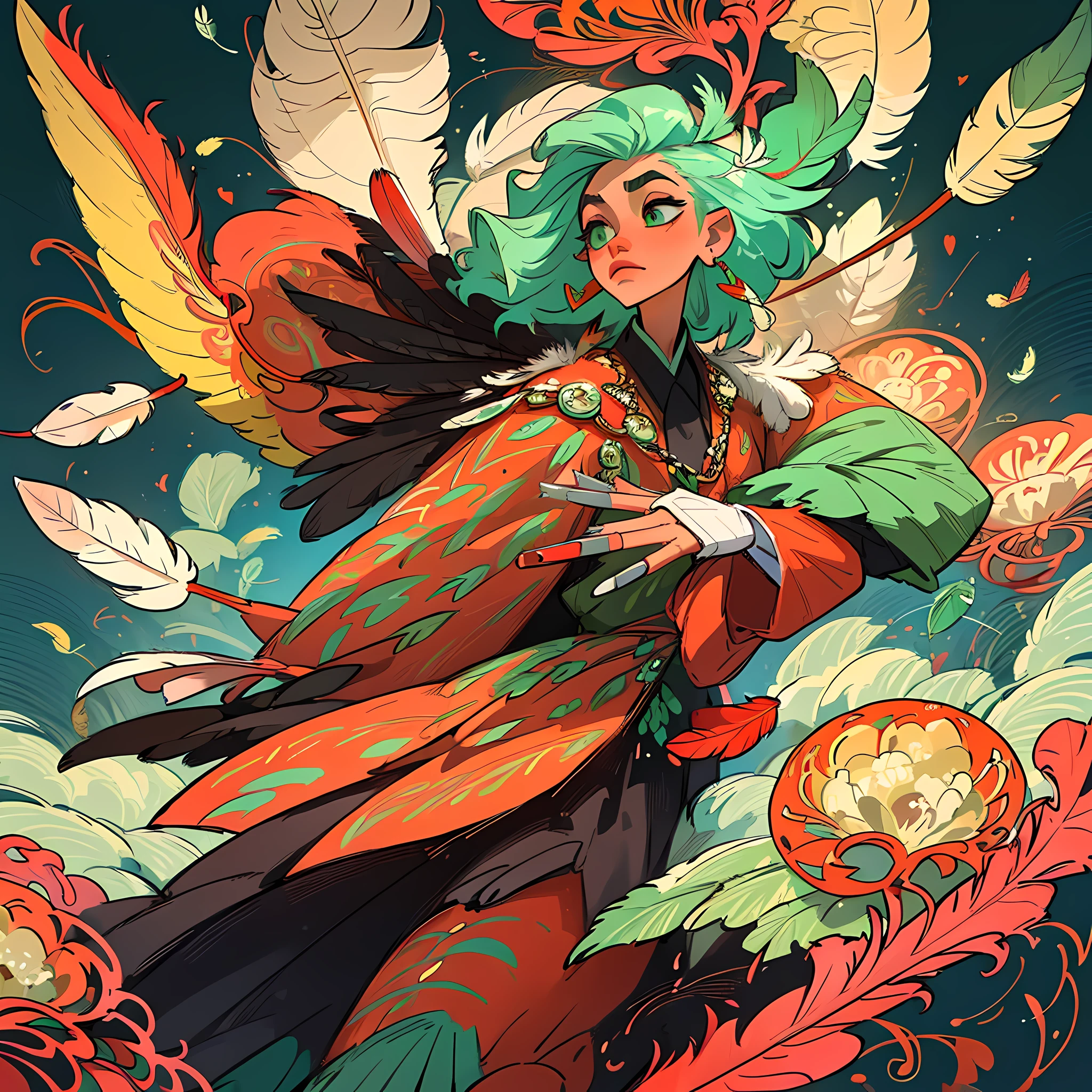(Masterpiece, Top Quality, Best Quality, Official Art, Beauty and Aesthetics: 1.2), (1girl: 1.3), Very Detailed, (Fractal Art: 1.1), (Green: 1.1) (Flowers: 1.3), Most Verbose, (Zentangle: 1.2), (Dynamic Pose), (Abstract Background: 1.3), (Shiny Skin), (Many Colors: 1.4), ,( earrings), (feathers:1.5), (flamethrowers:1.3), red background, phoenix skirts,