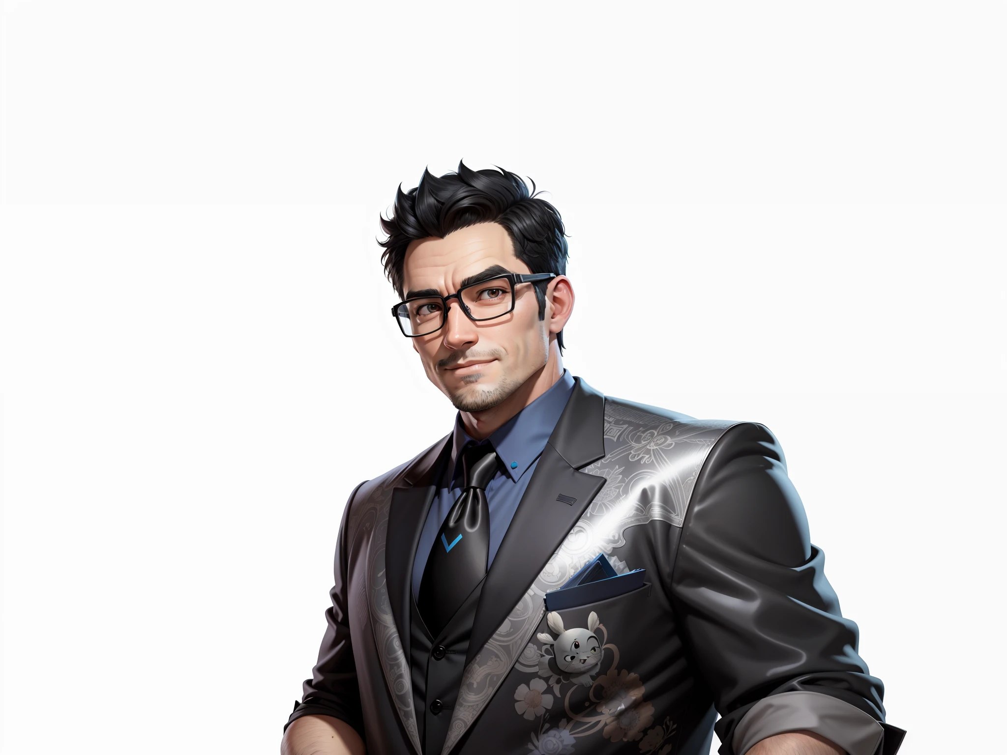 Super young man 35 years old, silver glasses, slightly chubby face, clean face, no beard on chin, black super short hair, black eyes, black suit, blue tie, confident smile, digital painting, film, 3D character design by Mark Clairedon and Pixar and Hayao Miyazaki, the illustration is a high-definition illustration in 4K resolution with very detailed facial features and cartoon-style visuals.