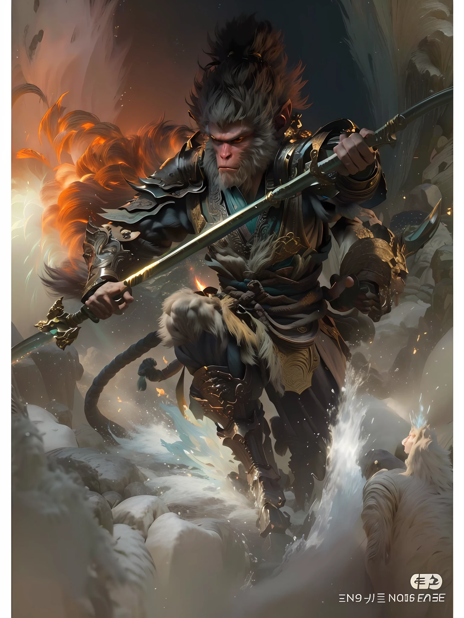 Anthropomorphic male monkey man with golden hoop stick in his hand, Sun Wukong, Wukong, fighting Buddha, normal hands, flame clouds under his feet, fire eyes golden eyes bright and brave, very beautiful anthropomorphic monkey, Guan Yu, inspired by Huang Shen, inspired by Hu Zaobin, inspired by Yang Jin, legendary god holding a spear, by Yang J, Bian Lian, Sun Wukong, inspired by Li Kan, Cheng Wei Pan on Artstation