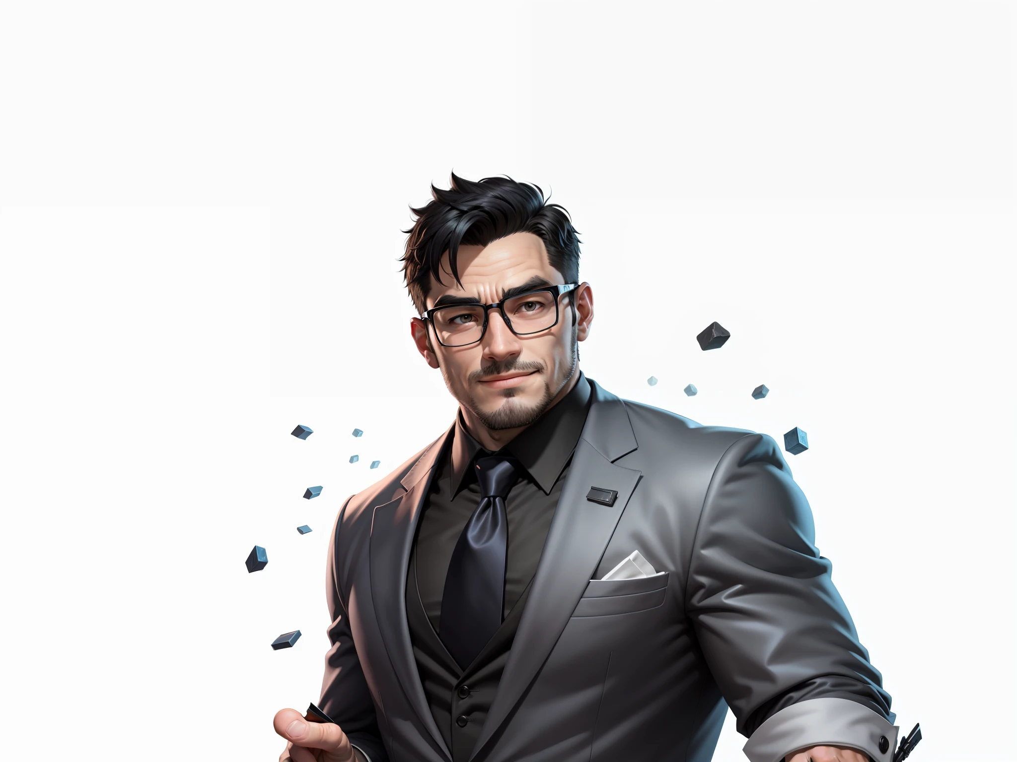 Super young man 35 years old, silver glasses, slightly chubby face, clean face, no beard on chin, black super short hair, black eyes, black suit, blue tie, confident smile, digital painting, film, 3D character design by Mark Clairedon and Pixar and Hayao Miyazaki, the illustration is a high-definition illustration in 4K resolution with very detailed facial features and cartoon-style visuals.