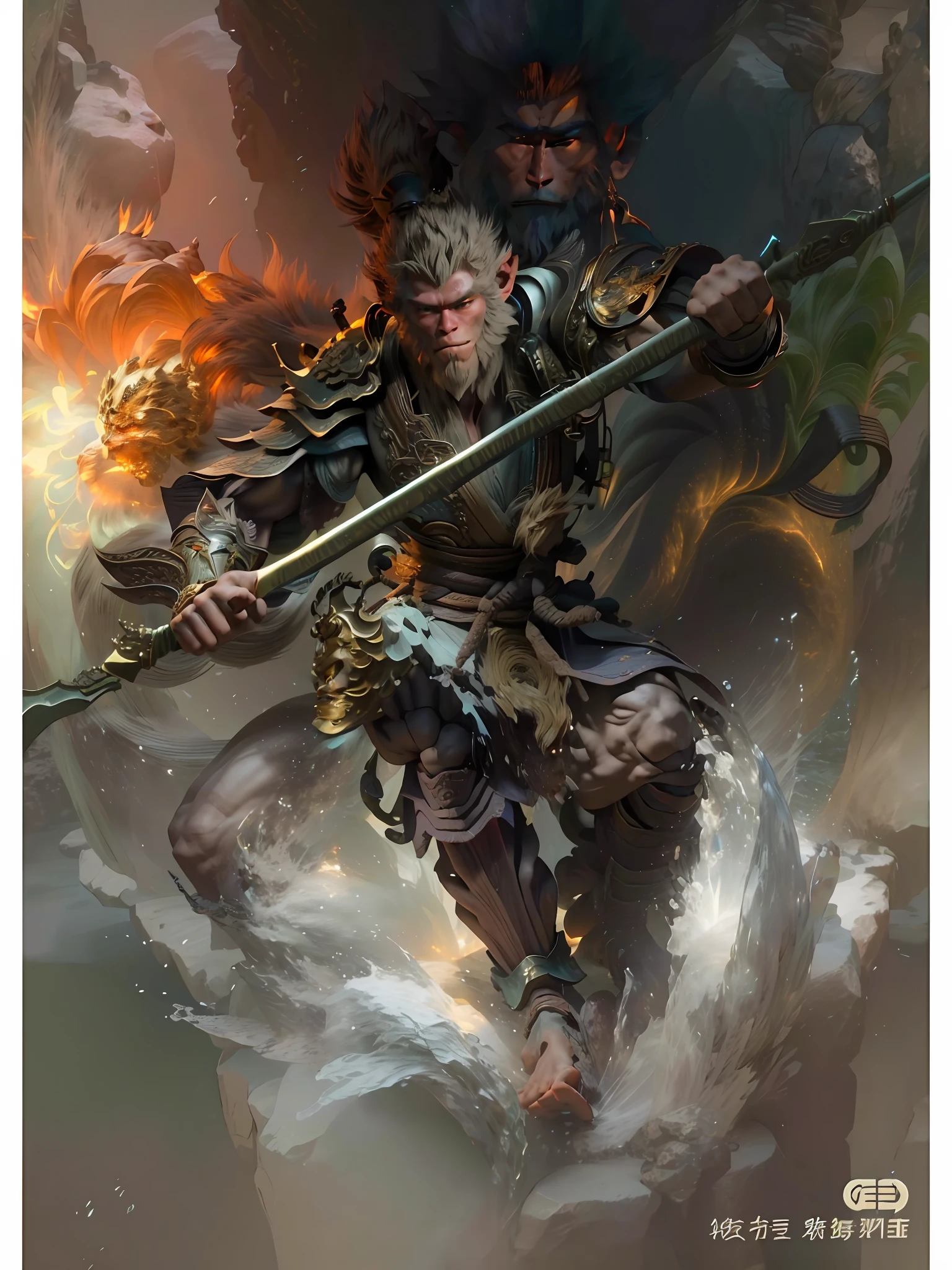 Anthropomorphic male monkey man with golden hoop stick in his hand, Sun Wukong, Wukong, fighting Buddha, normal hands, flame clouds under his feet, fire eyes golden eyes bright and brave, very beautiful anthropomorphic monkey, Guan Yu, inspired by Huang Shen, inspired by Hu Zaobin, inspired by Yang Jin, legendary god holding a spear, by Yang J, Bian Lian, Sun Wukong, inspired by Li Kan, Cheng Wei Pan on Artstation