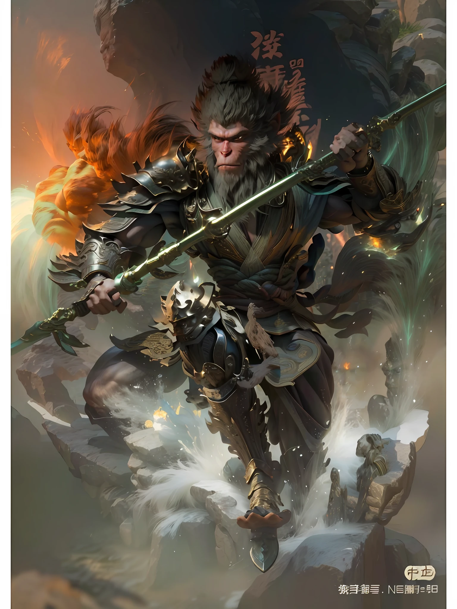 Anthropomorphic male monkey man with golden hoop stick in his hand, Sun Wukong, Wukong, fighting Buddha, normal hands, flame clouds under his feet, fire eyes golden eyes bright and brave, very beautiful anthropomorphic monkey, Guan Yu, inspired by Huang Shen, inspired by Hu Zaobin, inspired by Yang Jin, legendary god holding a spear, by Yang J, Bian Lian, Sun Wukong, inspired by Li Kan, Cheng Wei Pan on Artstation