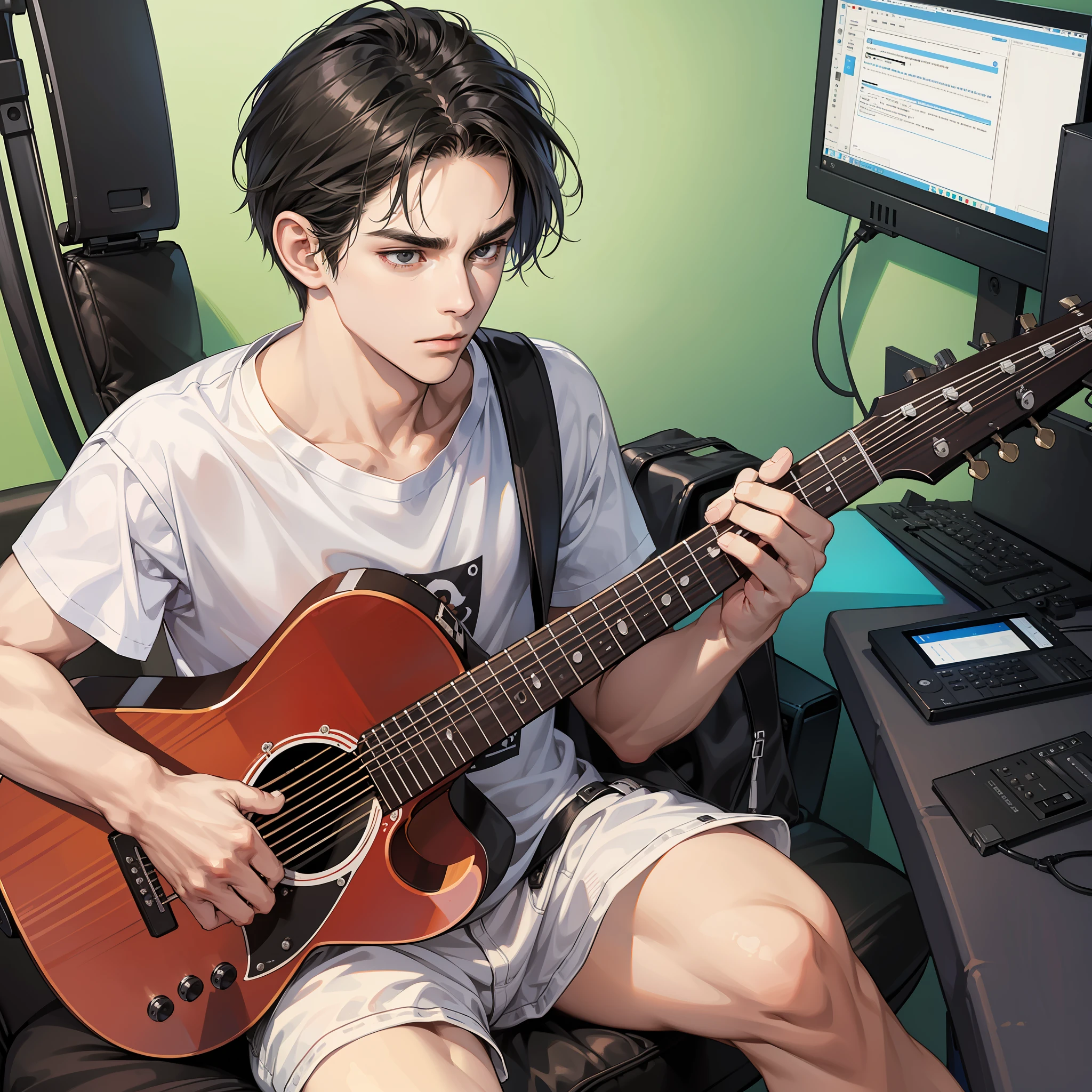 Masterpiece, high quality, best quality, HD, realistic, perfect lighting, detailed face, detailed body, 1 man, short black hair, white t-shirt, (serious expression: 1.5) (serious face: 1.5), sitting, holding guitar in hand, looking at computer monitor, far view, in the room
