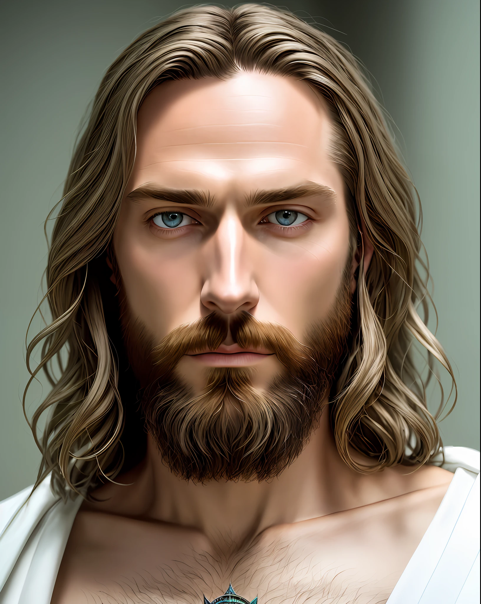 (symmetry),centered,a ((close)) up portrait,(Jesus),a very thin white man with long hair and a beard,wearing a long white robe,35mm,natural skin,clothes  detail, 8k texture, 8k, insane details, intricate details, hyperdetailedhighly detailed,realistic,soft cinematic light,HDR,sharp focus, ((((cinematic look)))),intricate, elegant, highly detailed