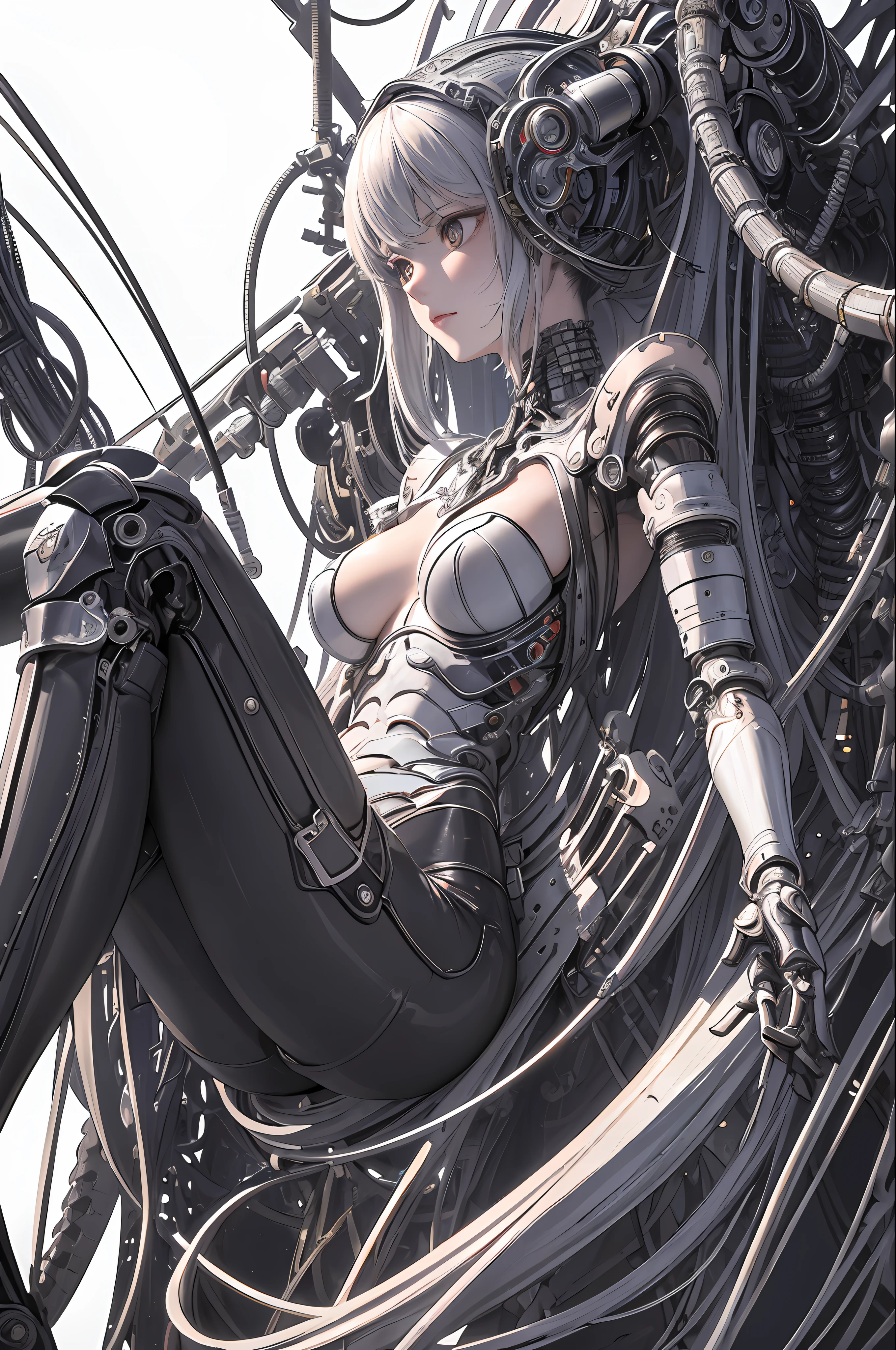 (((masterpiece))), (((best quality))), ((ultra-detailed)), (highly detailed CG illustration), ((an extremely delicate and beautiful)),(from side),cinematic light,((1mechanical girl)),solo,full body,(machine made joints:1.2),((machanical limbs)),(blood vessels connected to tubes),(mechanical vertebra attaching to back),((mechanical cervial attaching to neck)),(sitting),expressionless,(wires and cables attaching to neck:1.2),(wires and cables on head:1.2)(character focus),science fiction,white background, extreme detailed,colorful,highest detailed