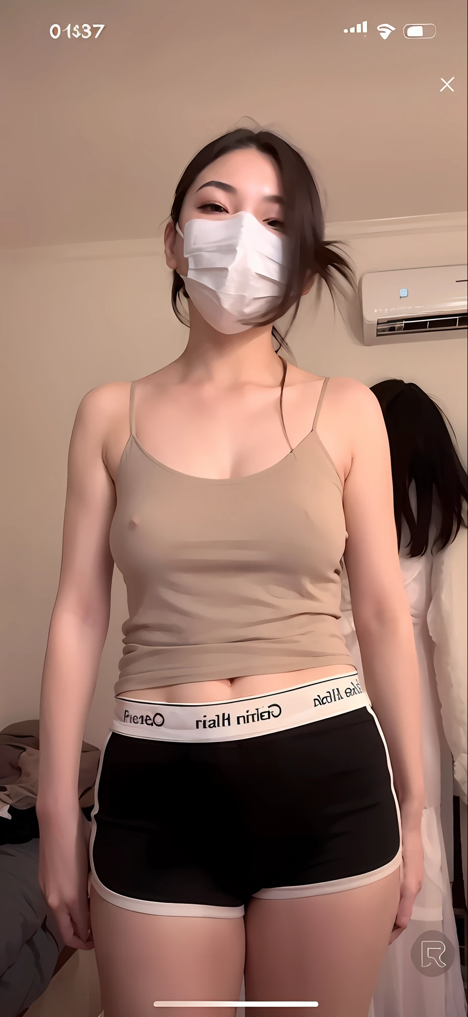 Woman wearing mask and panties in room, upper body naked pink large areola