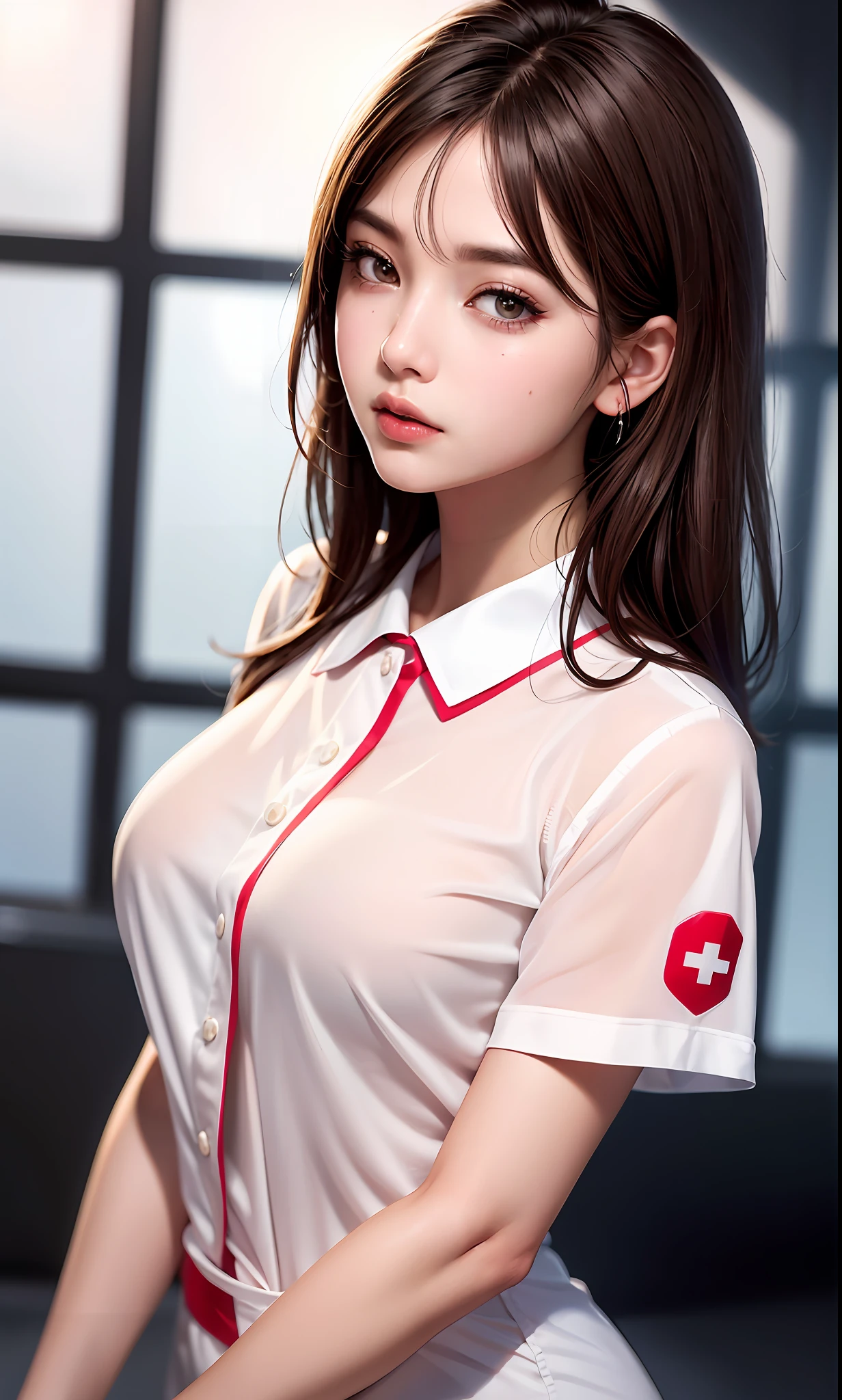 (8k, RAW Photo, Photorealistic: 1.25), (Lip Gloss, Eyelashes, Glossy Face, Glossy Skin, Best Quality, Ultra High Resolution, Depth of Field, Chromatic Aberration, Caustics, Wide Lighting, Natural Shading, Kpop Idol) The viewer looks calm and goddess-like euphoria, brown hair, clothes see-through, shiny lips, liquid on it, bust up, Nurse Uniform