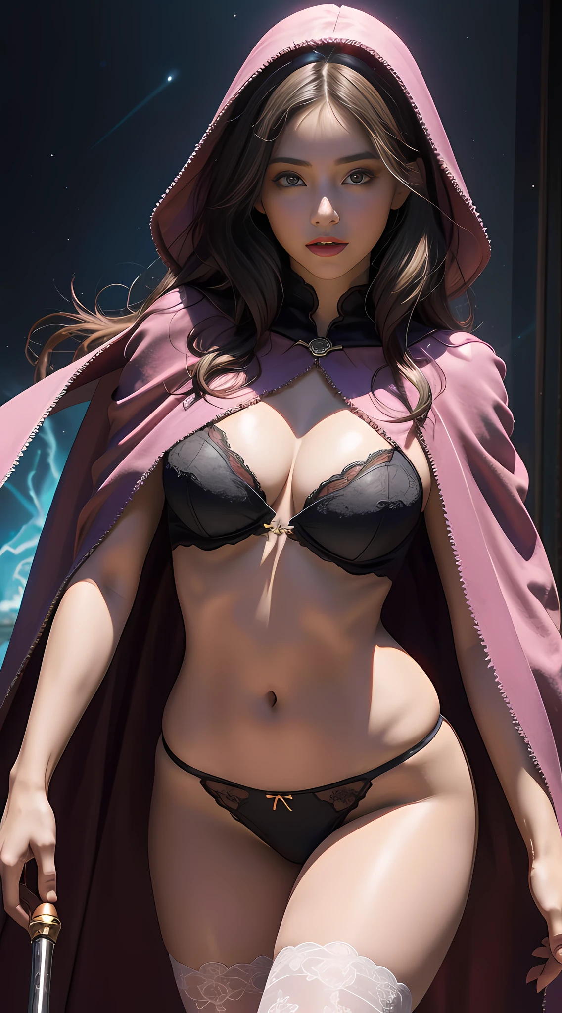 A woman, candy tone, hand magic wand, yarn texture tight lingerie, cape cape, broken cloak cloak, full of magic, magic special effects, beautiful girl, model, beautiful body and face, attractive body, beautiful woman, sexy girl, gorgeous young woman, perfect body, sexy body, sexy body and face, beautiful body, beautiful model girl, ray tracing, bright colors, realistic style