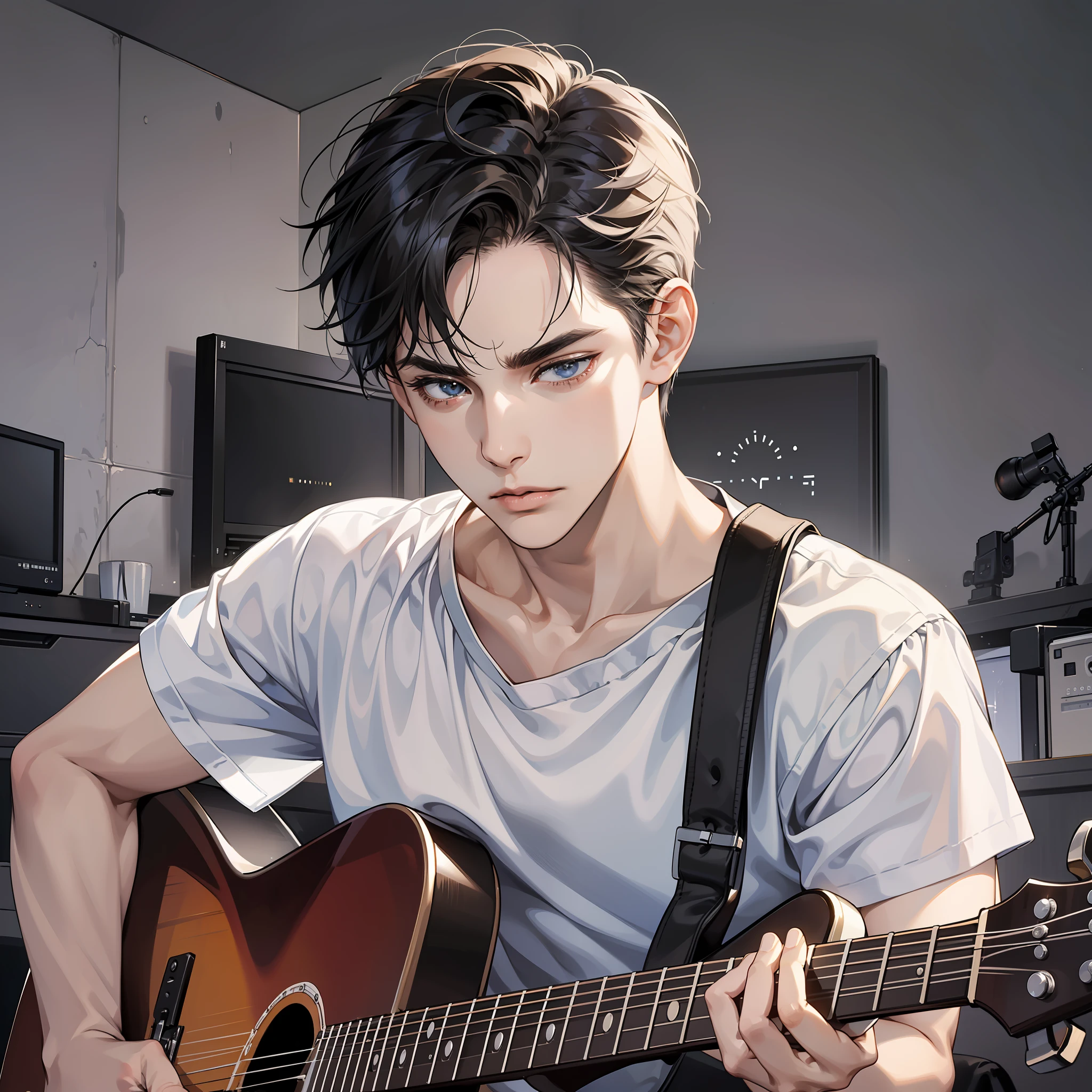 Masterpiece, high quality, best quality, HD, realistic, perfect lighting, detailed face, detailed body, 1 man, short black hair, white t-shirt, (serious expression: 1.5) (serious face: 1.5), mouth open, sitting, guitar in hand, singing, looking at computer monitor, far view, in the room