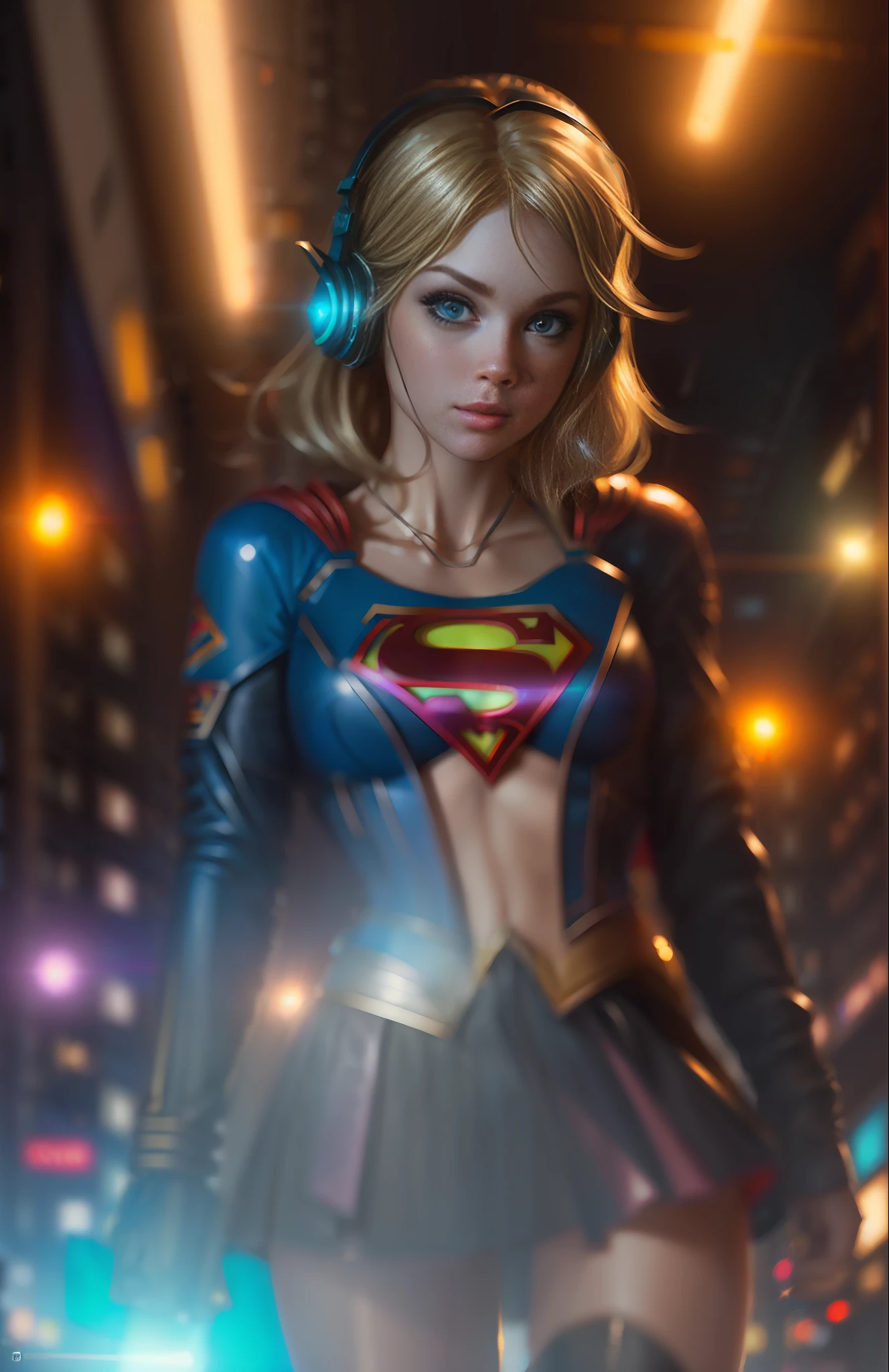 Best quality, realistic, blonde, award-winning Supergirl illustration, (complicated detail: 1.2), (fine detail), (complicated detail), (cinematic lights, best quality backlight), sharp lines, sharp focus, official art, unit 8k wallpaper, absurd, unbelievably absurd, huge file size, ultra- (in_main_street:1.21), (neon lamp), fantasy art, rtx,((triangle closeup photo by award-winning studio)), 1Supergirl, very pretty, (shut up), small breasts, ((Cyberpunk city Street, Battle Maiden)), perfect hands, beautiful detailed blue eyes, Perfect Face, (Cyberpunk blouse, leather jacket, Martin boots) ,,(headphones_around_hair),((pleated skirt) ), ((supermodel pose)),