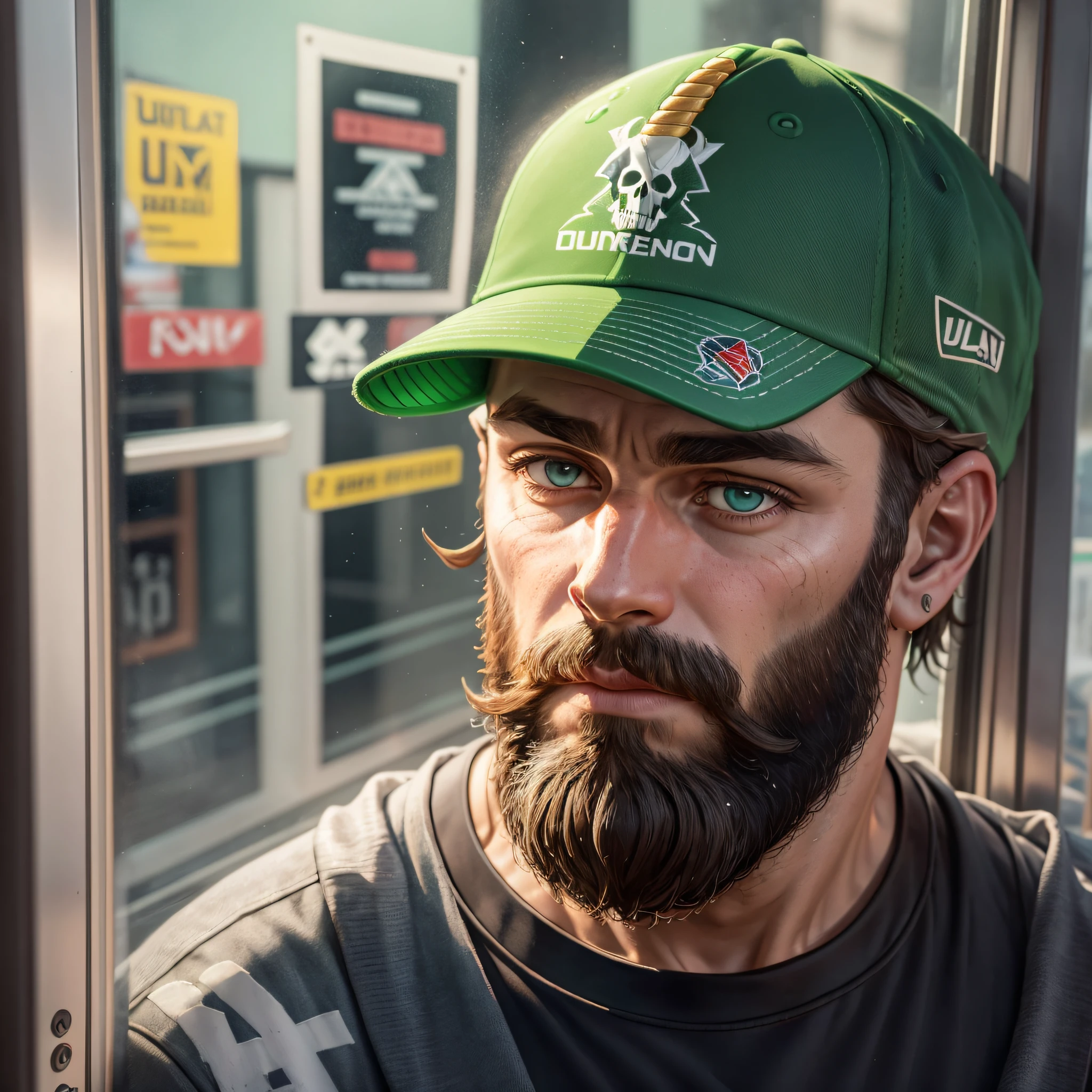 bearded listening to music, big beard, black beard, blue lock on beard, black whiskers, face marked by age, short hair, cap, pizza drawing on cap, red sweatshirt, bust photo, ultra realistic, lots of details, skull tattoo on neck, ear reamer, inside the bus, looking out the window, reflection on glass, small sticker on glass, unicorn sticker,  Green headset, gamer headset, thoughtful expression. wrinkles on the face, Othos cap --auto --s2