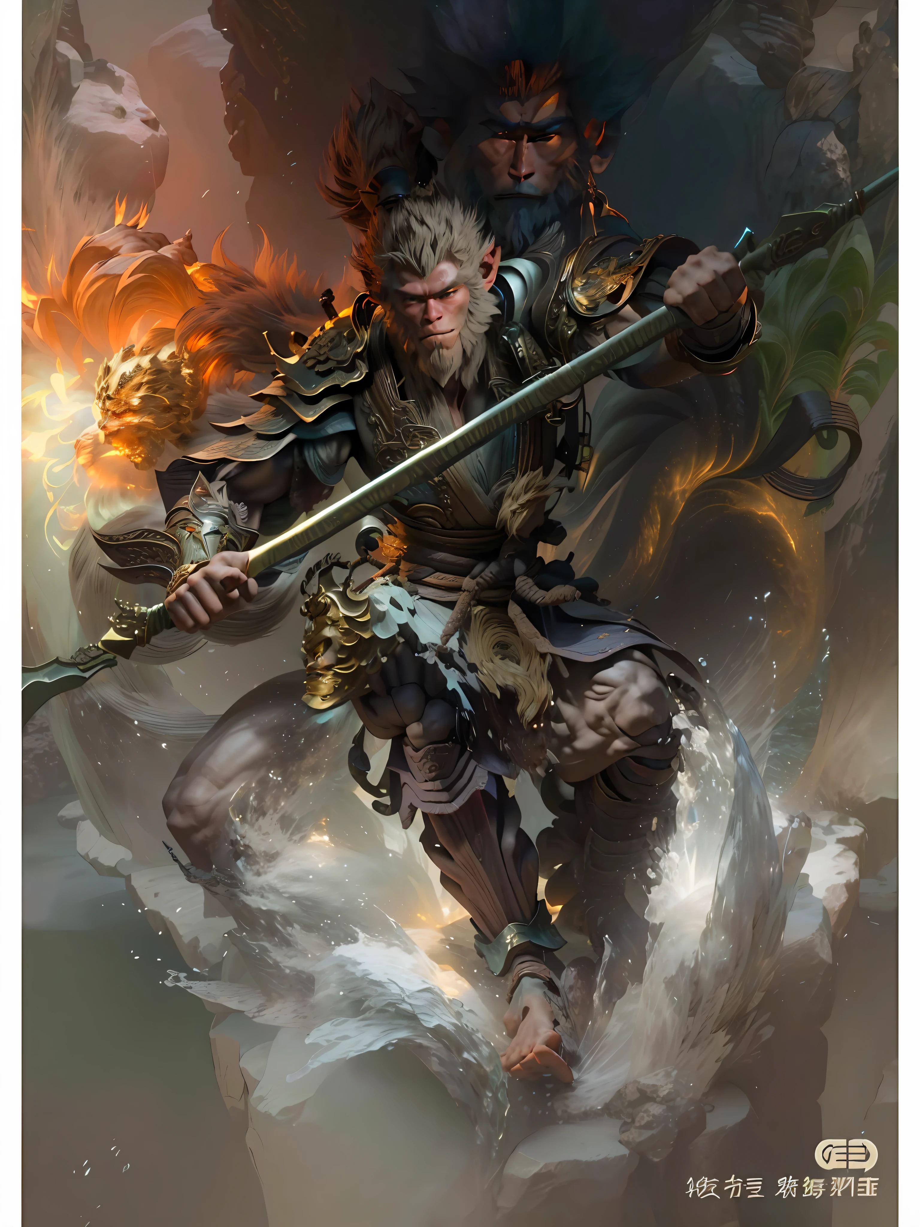 Anthropomorphic male monkey man with golden hoop stick in his hand, Sun Wukong, Wukong, fighting Buddha, normal hands, flame clouds under his feet, fire eyes golden eyes bright and brave, very beautiful anthropomorphic monkey, Guan Yu, inspired by Huang Shen, inspired by Hu Zaobin, inspired by Yang Jin, legendary god holding a spear, by Yang J, Bian Lian, Sun Wukong, inspired by Li Kan, Cheng Wei Pan on Artstation