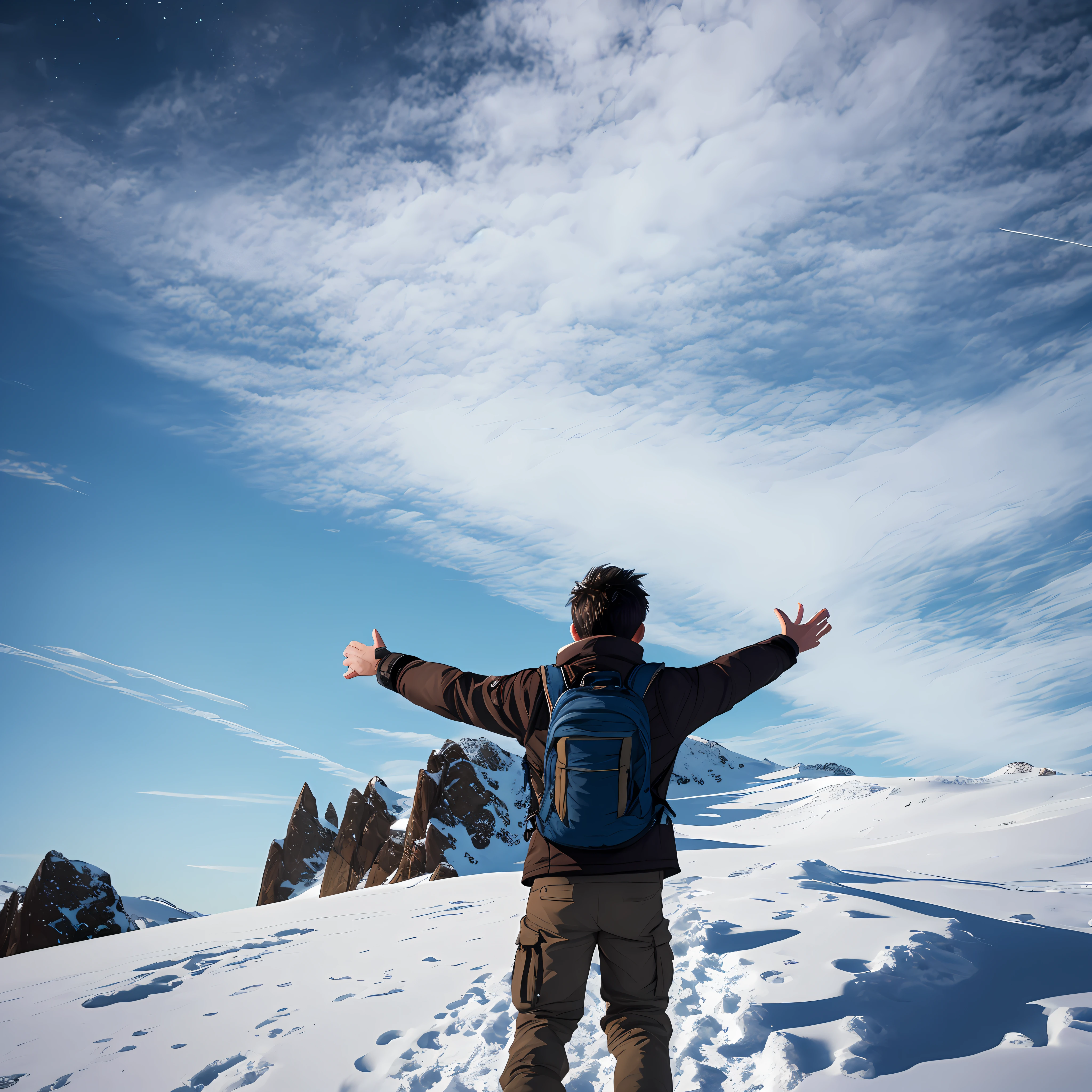 Accurate picture,8k, ultra realistic, highly detailed, masterpiece,top quality, high resolution,1 boy, top of a mountain, looking back,snow fall,alone boy,open hand,feel wind & height --auto --s2