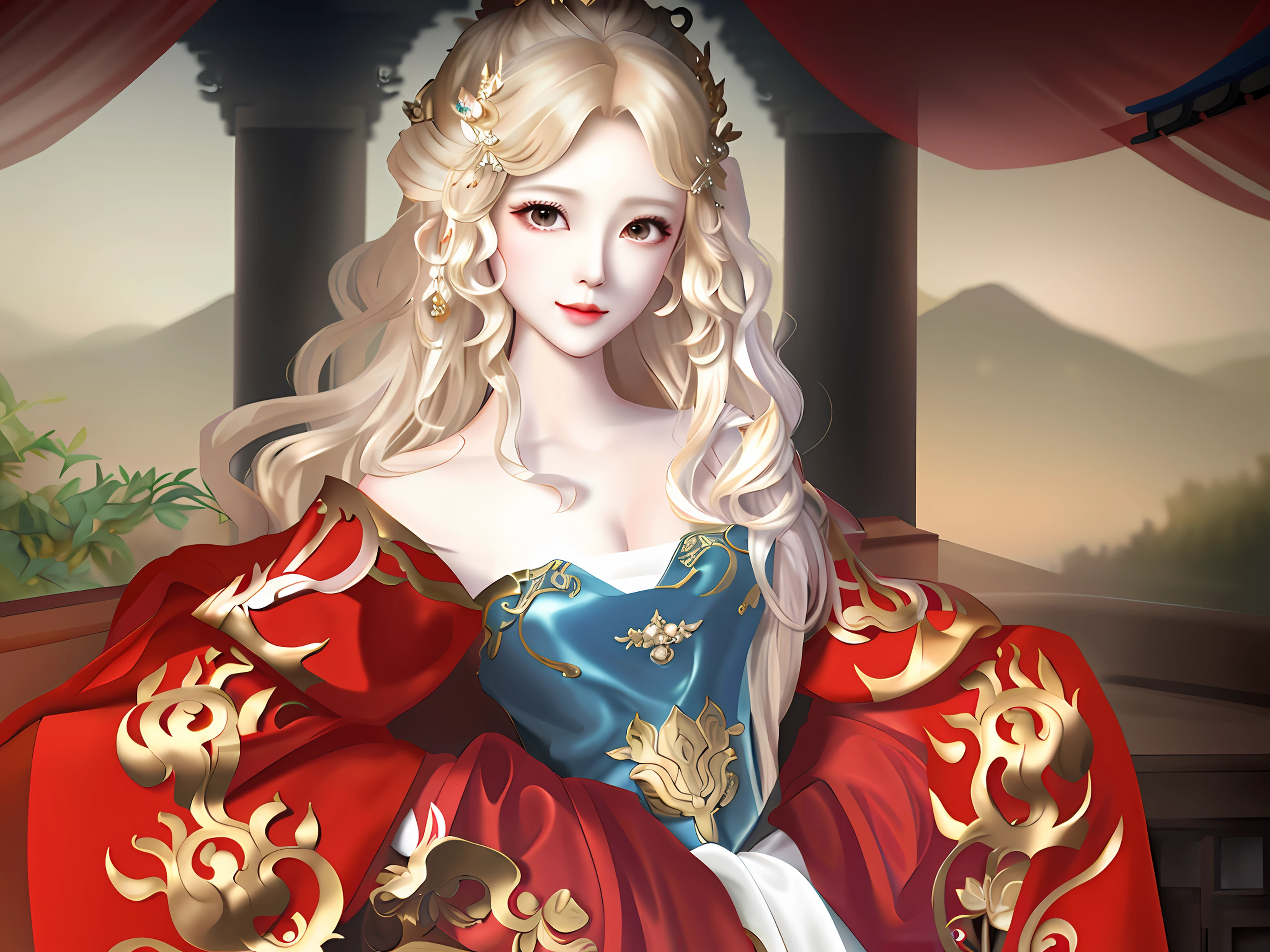 There is a blonde curly-haired woman in a red dress, palace, girl in Hanfu, beautiful fantasy queen, ((beautiful fantasy queen)), art in Guwiz style, Guwiz masterpiece, Guwiz, beautiful digital illustrations, beautiful character paintings, ancient Chinese princesses, Guwiz in the shade, big breasts, big breasts, big breasts