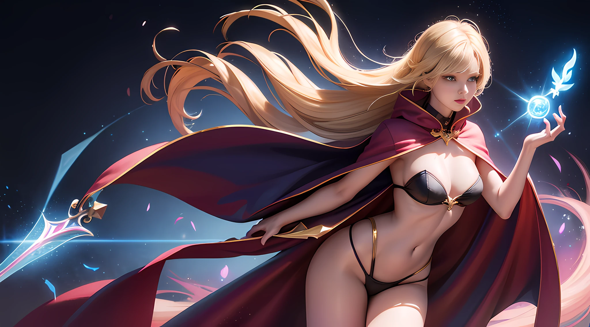 A woman, candy tone, holding magic wand, cape cape, broken cloak cape, full of magic, magic special effects, beautiful girl, model, beautiful body and face, attractive body, beautiful woman, sexy girl, gorgeous young woman, perfect body, sexy body, sexy body and face, beautiful body, beautiful model girl, ray tracing, bright colors, realistic style