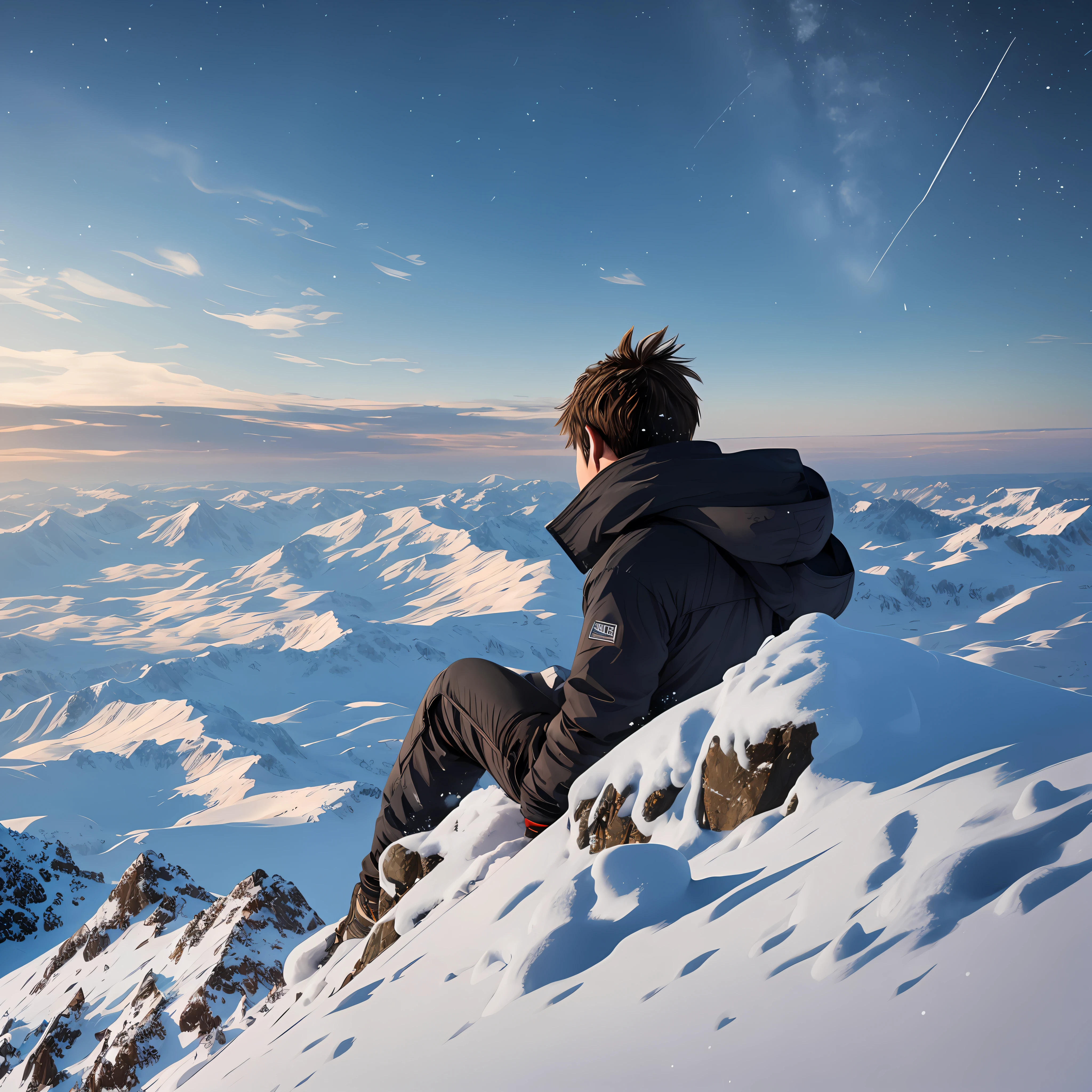 Accurate picture,8k, ultra realistic, highly detailed, masterpiece,top quality, high resolution,1 boy, top of a mountain, looking back,snow fall,alone boy,open hand,feel wind & height --auto --s2