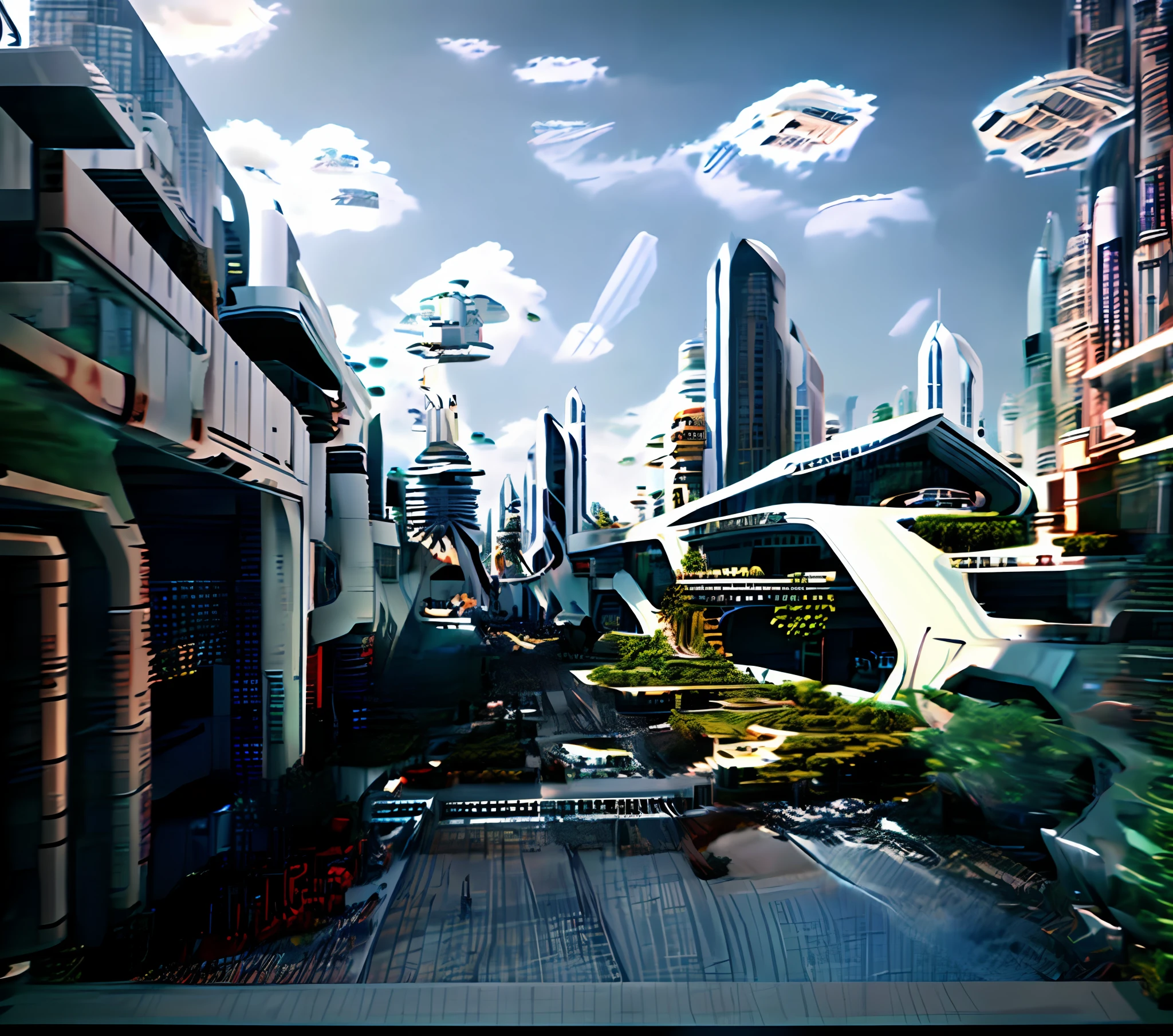 Style: Concept art. The scene: Futuristic cityscapes with towering skyscrapers and sleek aerodynamic vehicles speeding through the air. High-resolution OLED GUI interfaces in the building's windows are filled with transparent data visualization infographics showing everything from weather patterns to traffic flow. Colors are saturated and vibrant, with blue and purples dominating the skyline. The overall effect is both beautiful and awe-inspiring. --auto --s2