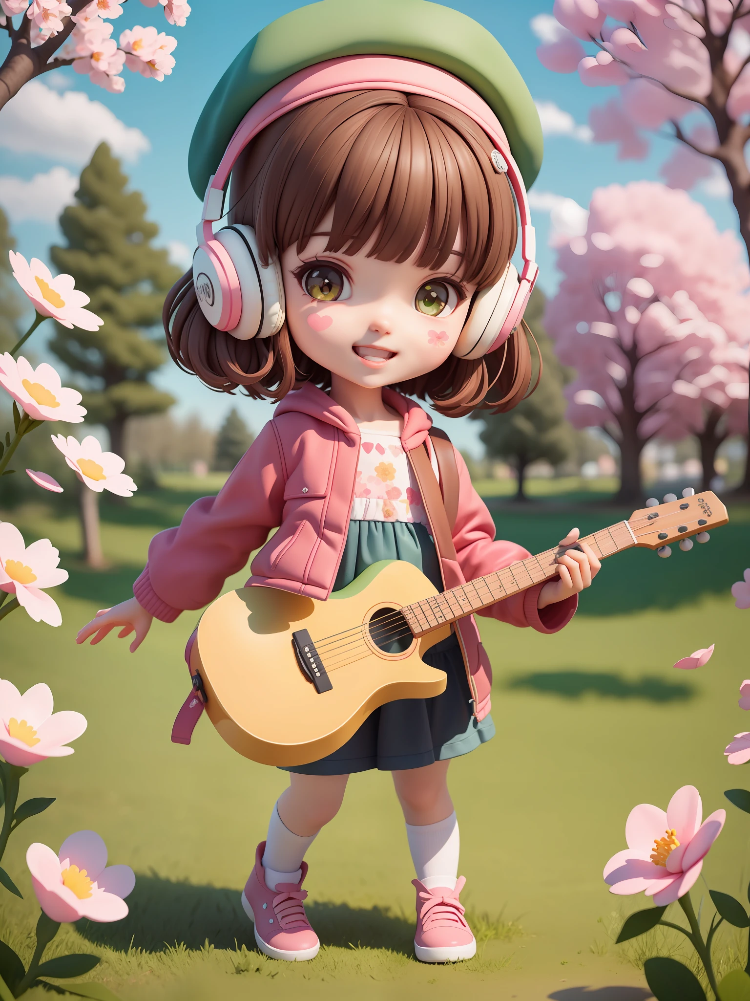 (masterpiece),(best quality),(ultra-detailed), (full body:1.2),
1girl,chibi,cute, smile, open mouth,
flower, outdoors, playing guitar, music, beret, holding guitar, jacket, blush, tree, :3, shirt, short hair, cherry blossoms, green headwear, blurry, brown hair, blush stickers, long sleeves, bangs, headphones, black hair, pink flower,
(beautiful detailed face), (beautiful detailed eyes),