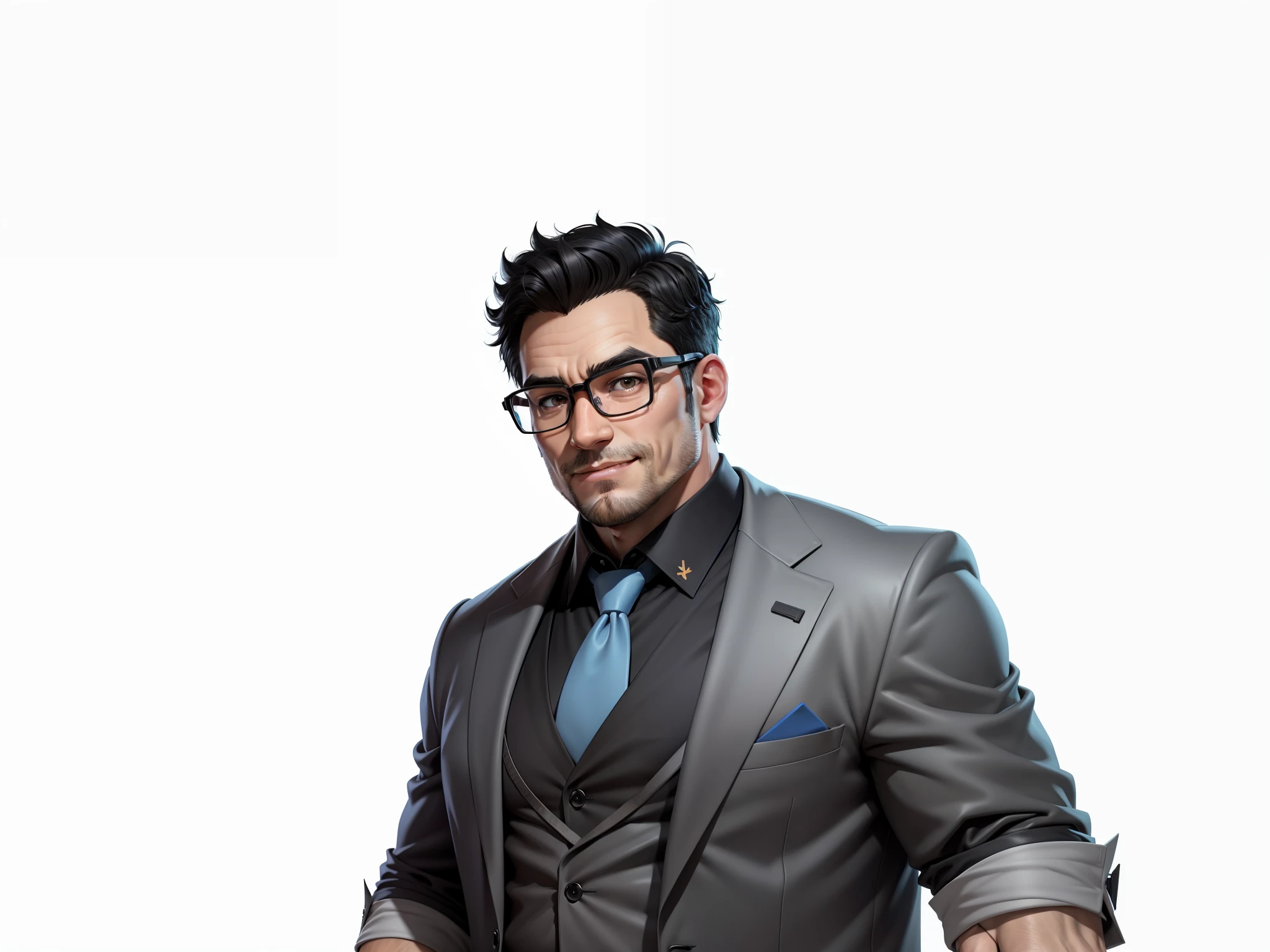 Super young man 35 years old, silver glasses, slightly chubby face, clean face, no beard on chin, black super short hair, black eyes, black suit, blue tie, confident smile, digital painting, film, 3D character design by Mark Clairedon and Pixar and Hayao Miyazaki, the illustration is a high-definition illustration in 4K resolution with very detailed facial features and cartoon-style visuals.