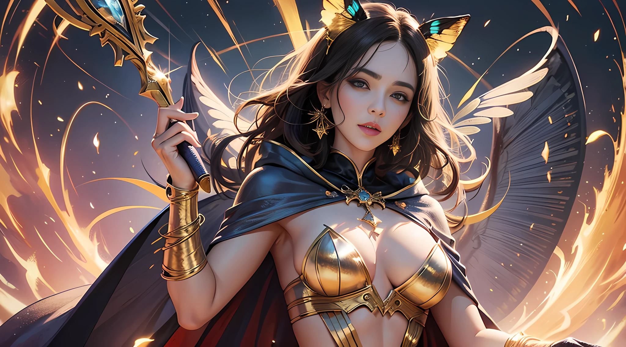 A woman, candy tone, holding magic wand, wearing magic robe, ripped cloak, ripped magic robe, gold wire battle robe, gold wire butterfly, full of magic atmosphere, magic special effects crisscrossing, ripped cape, beautiful girl, model, beautiful body and face, attractive body, beautiful woman, sexy girl, gorgeous young woman, perfect body, sexy body, sexy body and face, beautiful body, beautiful model girl, ray tracing, beautiful colors, realistic style