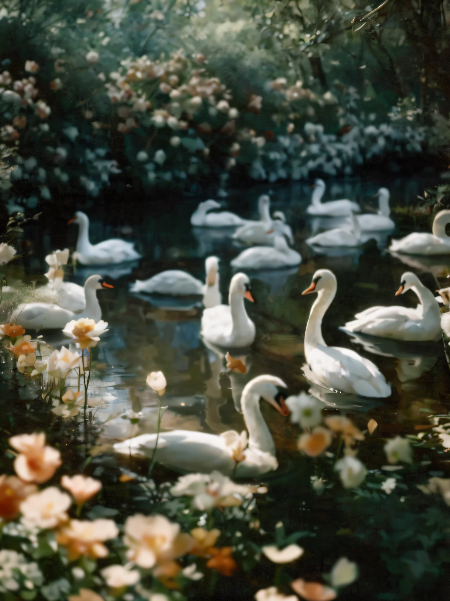 there are many white swans swimming in a pond of water, swans, monia merlo, rinko kawauchi, award winning autochrome photo, david hamilton, film photo from 1970s, by Gordon Parks, photographed on colour film, anna nikonova, by Elsa Bleda, swan, dreamy scene, swanland, nature and floral aesthetics