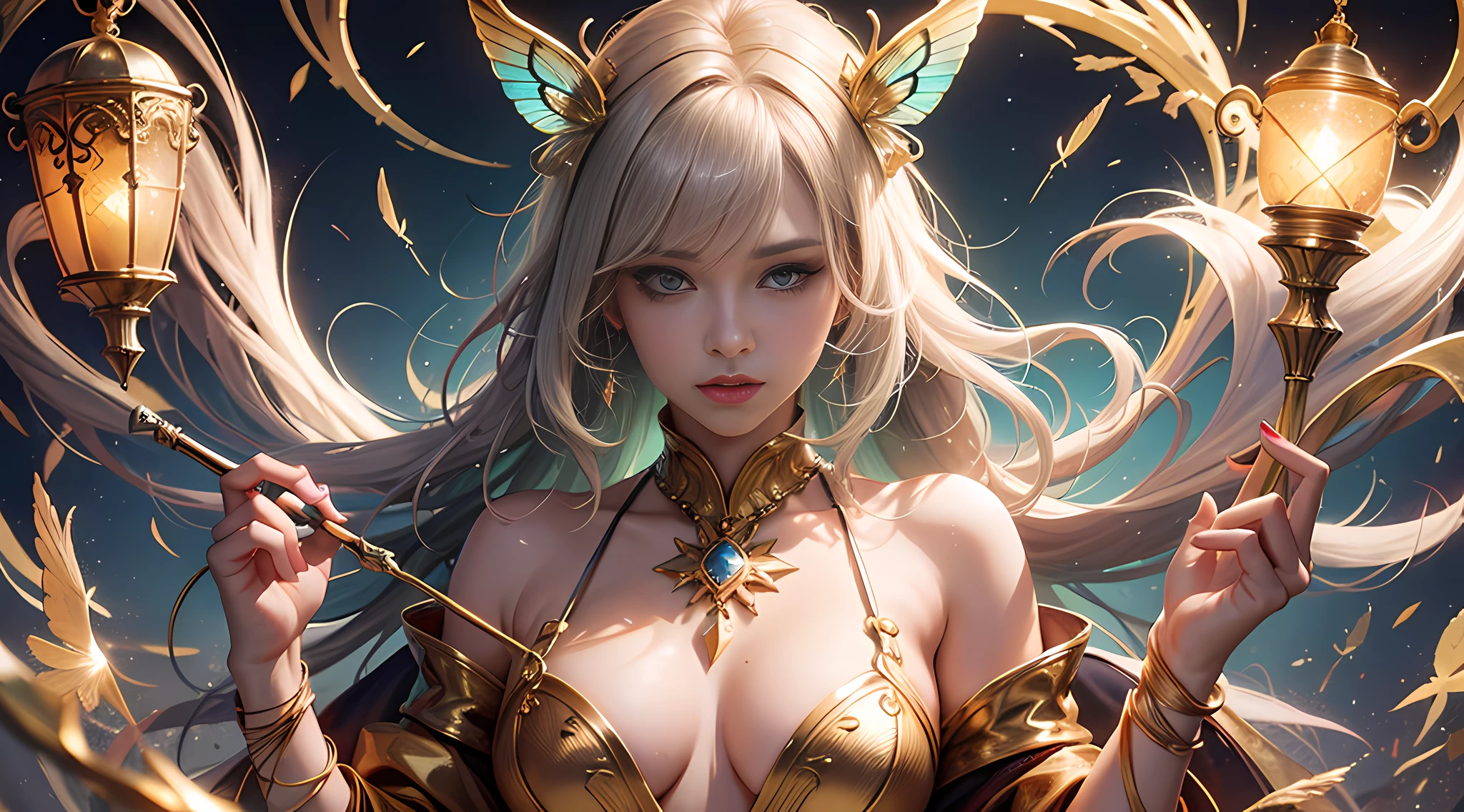 A woman, candy tone, holding magic wand, wearing a one-piece magic robe, a torn cloak, a torn magic robe, a gold wire robe, a gold wire butterfly, full of magic atmosphere, magic special effects, focusing on the body (body 1.3), beautiful girl, model, beautiful body and face, attractive body, beautiful woman, sexy girl, gorgeous young woman, perfect body, sexy body, sexy body and face, beautiful body, beautiful model girl, light reflection, bright colors, realistic style
