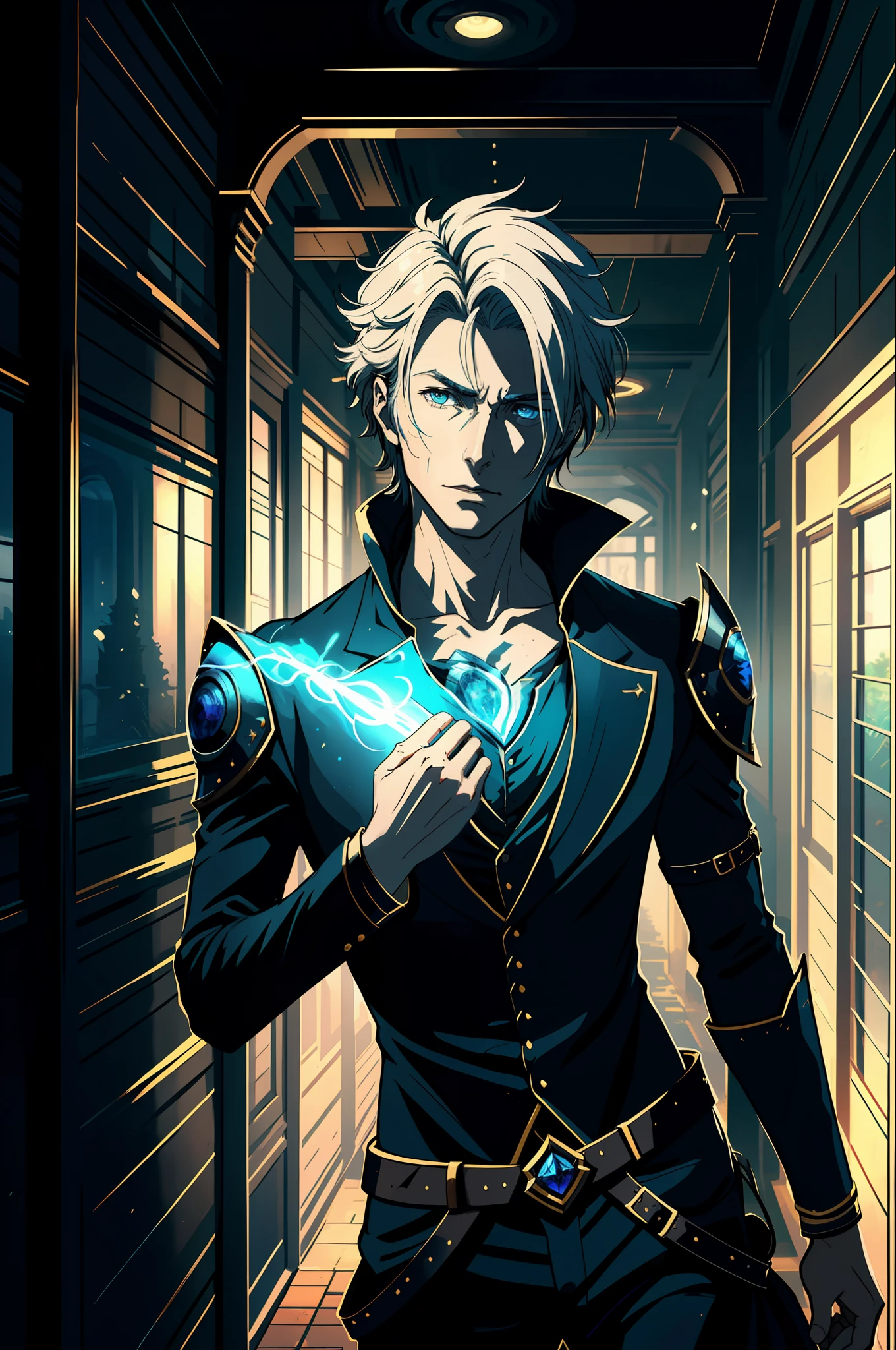 unparalleled masterpiece, 4k, (best quality:1.4), (highly detailed:1.4), detailed shadows, reine-second-outfit,realistic,unreal engine, cinematic lighting, UHD, super detail,realistic,Silas, as a mage born into a Demacia family,, Silas's fate was preordained in the first place., Despite Silas's humble social status, But his parents believed in Demacia's ideals., When they discovered that Silas had a power that was seen as a disaster., Persuaded Lassez to give his life to join Demacia., After they discovered that Silas had the ability to perceive magic,, They used Silas to detect other wizards in the kingdom., So Silas gave everything he had., Silas is very proud of this., But it's very lonely., Except for those who train., You can't get in touch with anyone.