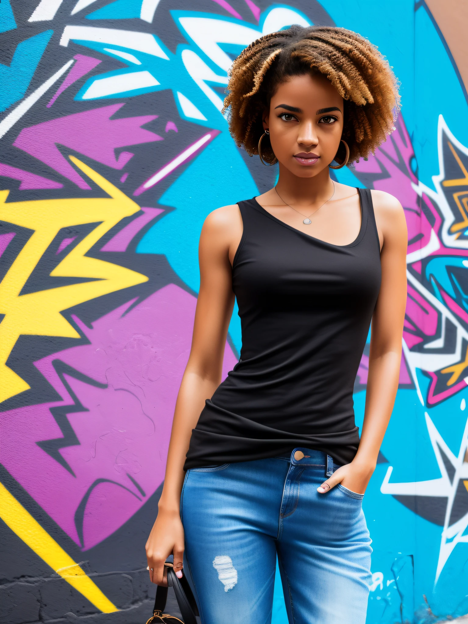 street girl, modern style dress, blue top dress without bra underneath, jeans with rip, with curly brown hair, mulatto skin, a tribal tattoo on the arm, black eyes, ((full body)), ((perfect face)),((perfect iris eyes)), walking in the city by day, on street with some cars and walls with graffiti art, Social realism,  Realism, ray tracing, reflection light, high quality, high details, super detail, 8k, 16k, best quality