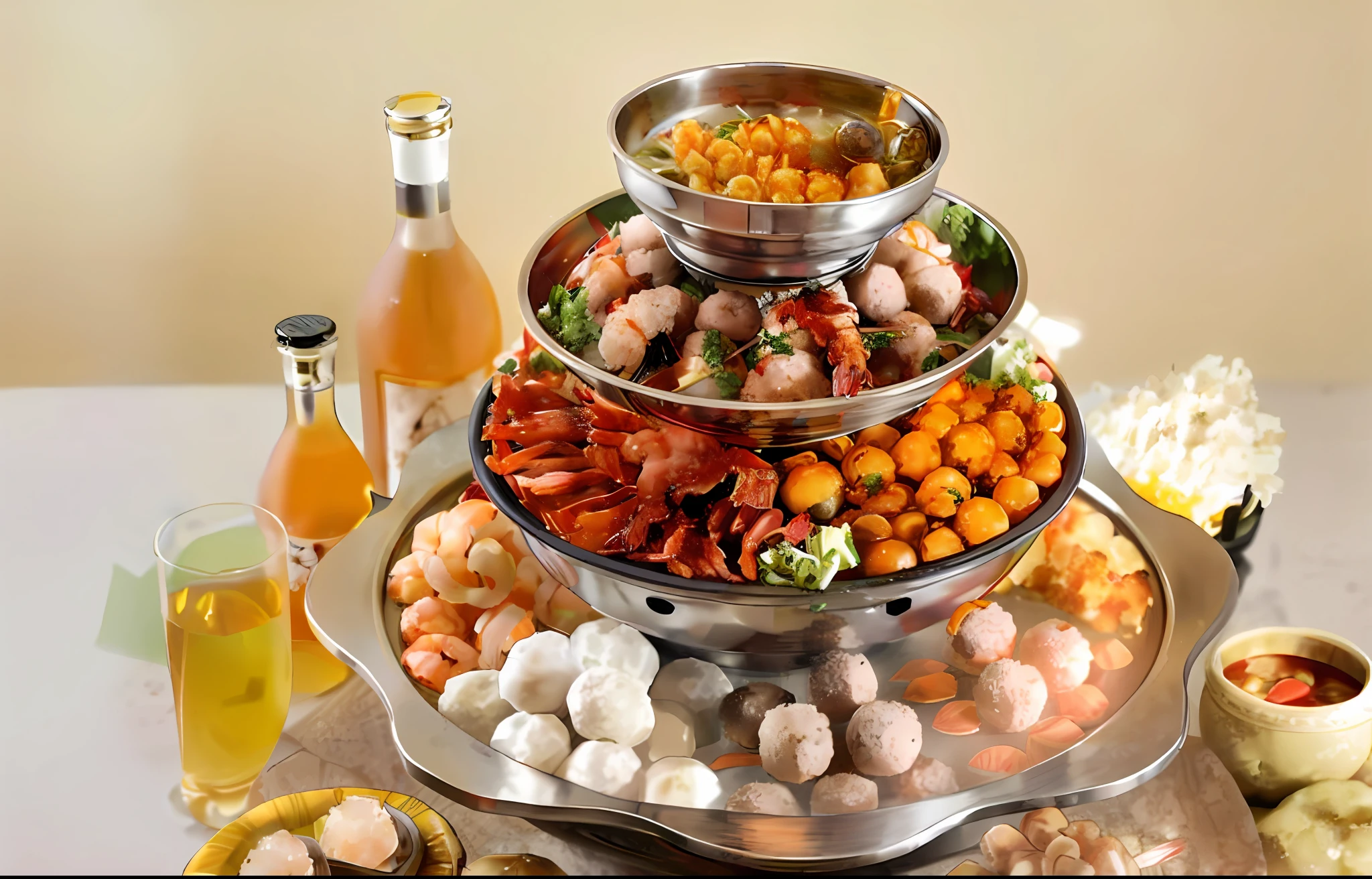Overlapping metal plates with shrimp, fish balls, beef balls, shrimp balls