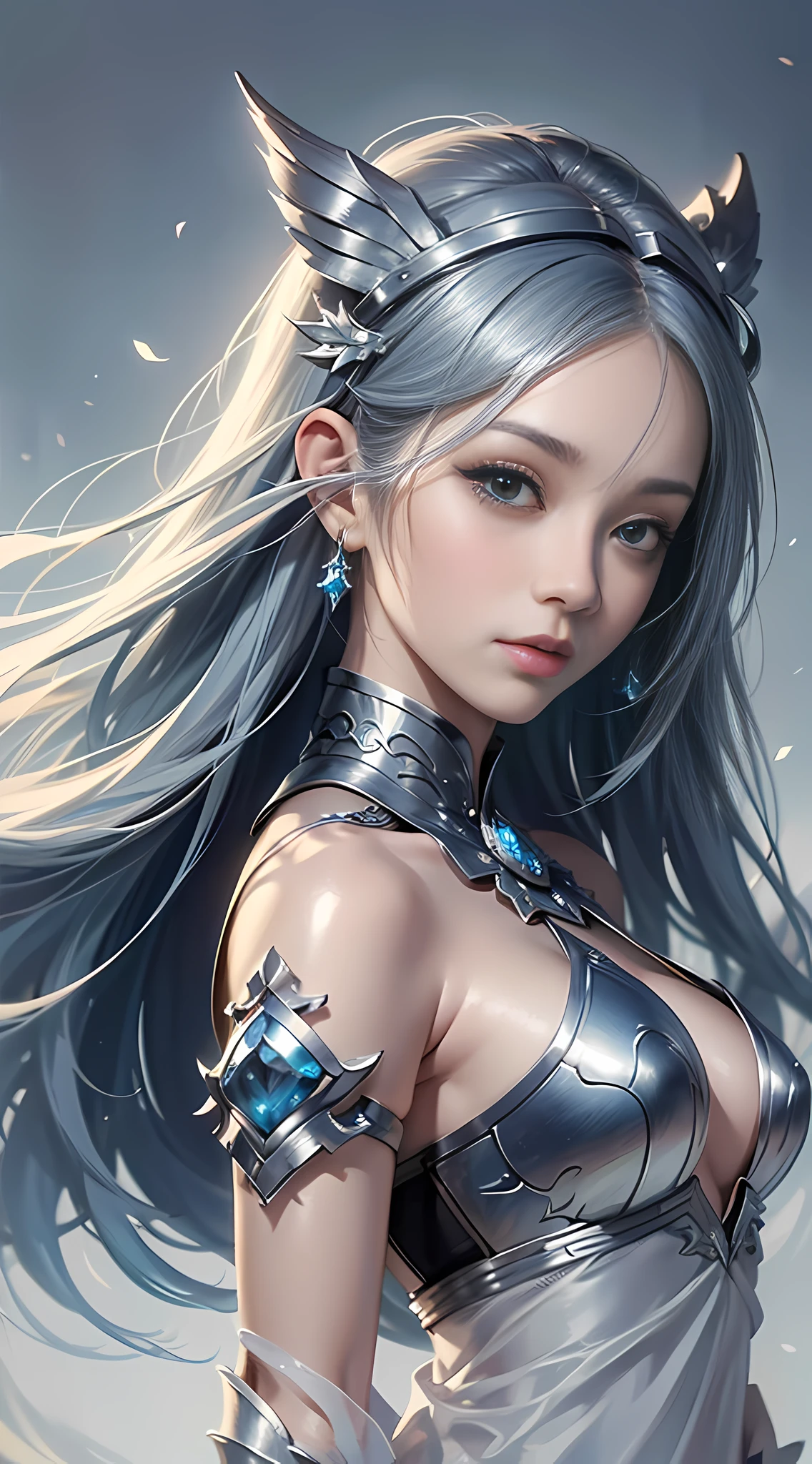 a close up of a woman in a silver and blue dress, chengwei pan on artstation, by Yang J, detailed fantasy art, stunning character art, fanart best artstation, epic exquisite character art, beautiful armor, extremely detailed artgerm, detailed digital anime art, artgerm on artstation pixiv, armor girl