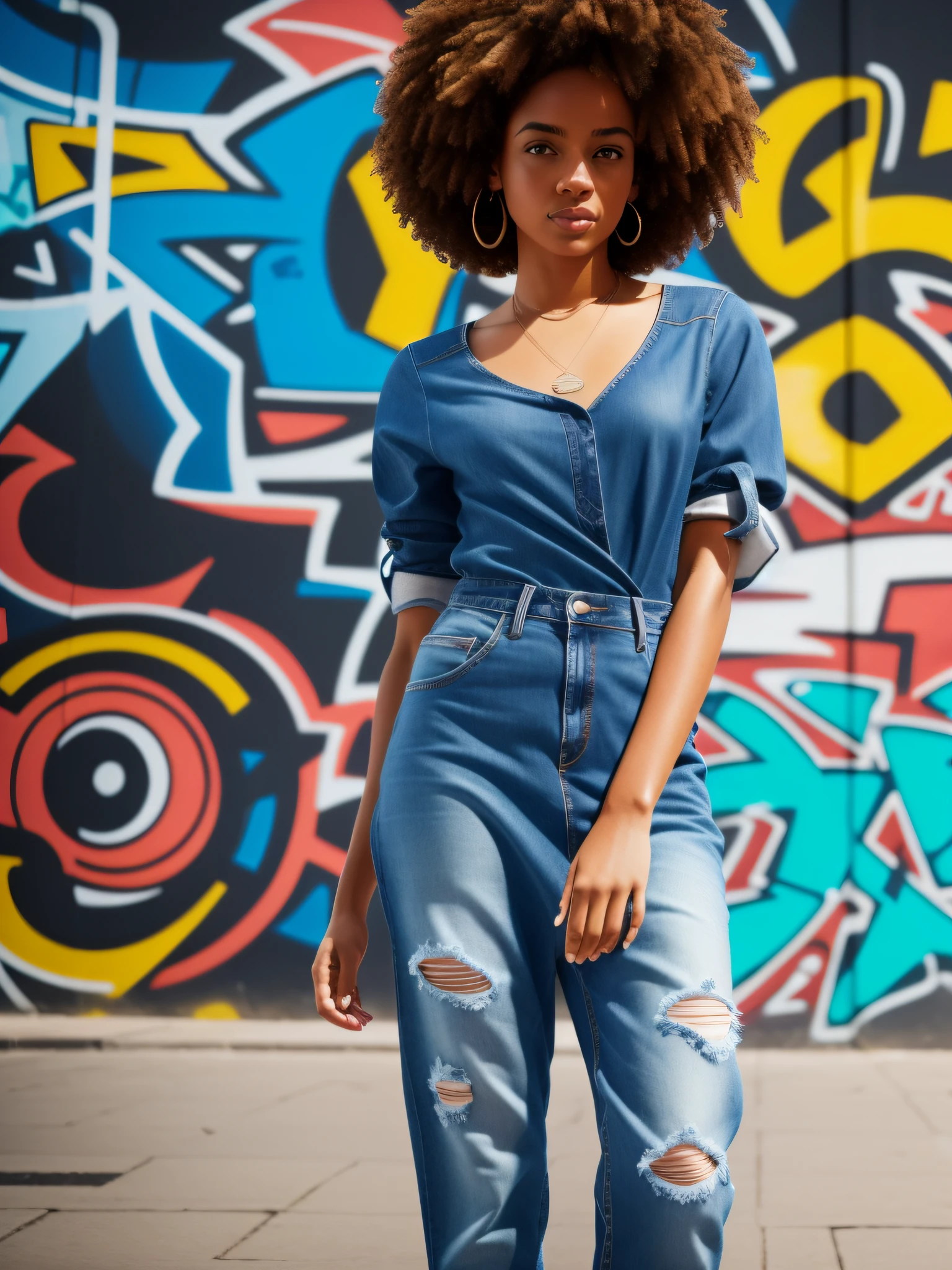 street girl, modern style dress, blue top dress without bra underneath, jeans with rip, with curly brown hair, mulatto skin, a tribal tattoo on the arm, black eyes, ((full body)), ((perfect face)),((perfect iris eyes)), walking in the city by day, on street with some cars and walls with graffiti art, Social realism,  Realism, ray tracing, reflection light, high quality, high details, super detail, 8k, 16k, best quality