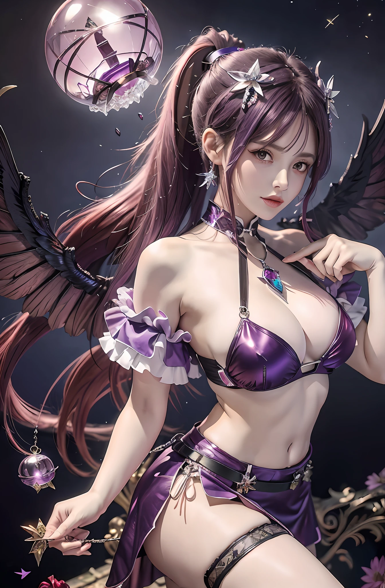 Ponytail. Longhair. Bikini, purple hair. Big tits. Miniskirt. Purple wings. Diviner. Purple crystal ball. Woman with red hair in crystal ball. Rugged look. Tarot. Large wings.