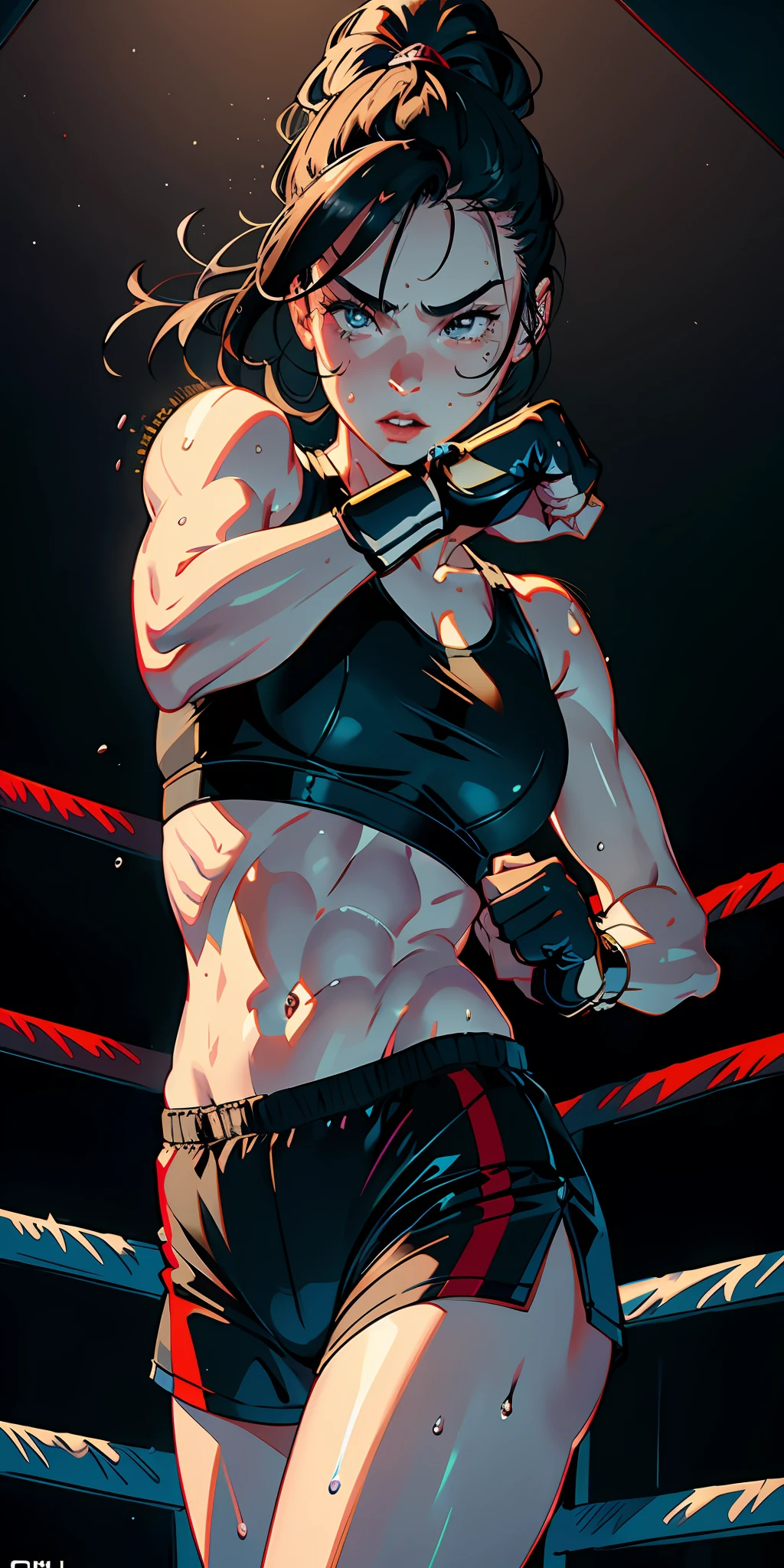 (original) , (very detailed wallpaper) , (best quality) , (masterpiece) , photographic reality, realistic, very detailed illustrations, (1 girl) , beautiful eyes, (delicate face) , perfect detail, (best lighting) , (super complex details) ,
(boxing girl) , (aggressive punching) , sweat, heavy breathing, (oppressive attack) , (boxing ring) , athletic shorts, perfect detail, perfect fingers, perfect limbs, impact, (shiny skin) , abs, muscles, waistline,boxing shorts, fist fight, black hair, high ponytail, very long hair,
4K unified, (super detailed CG: 1.2) , (8K: 1.2) , realistic, octane rendering