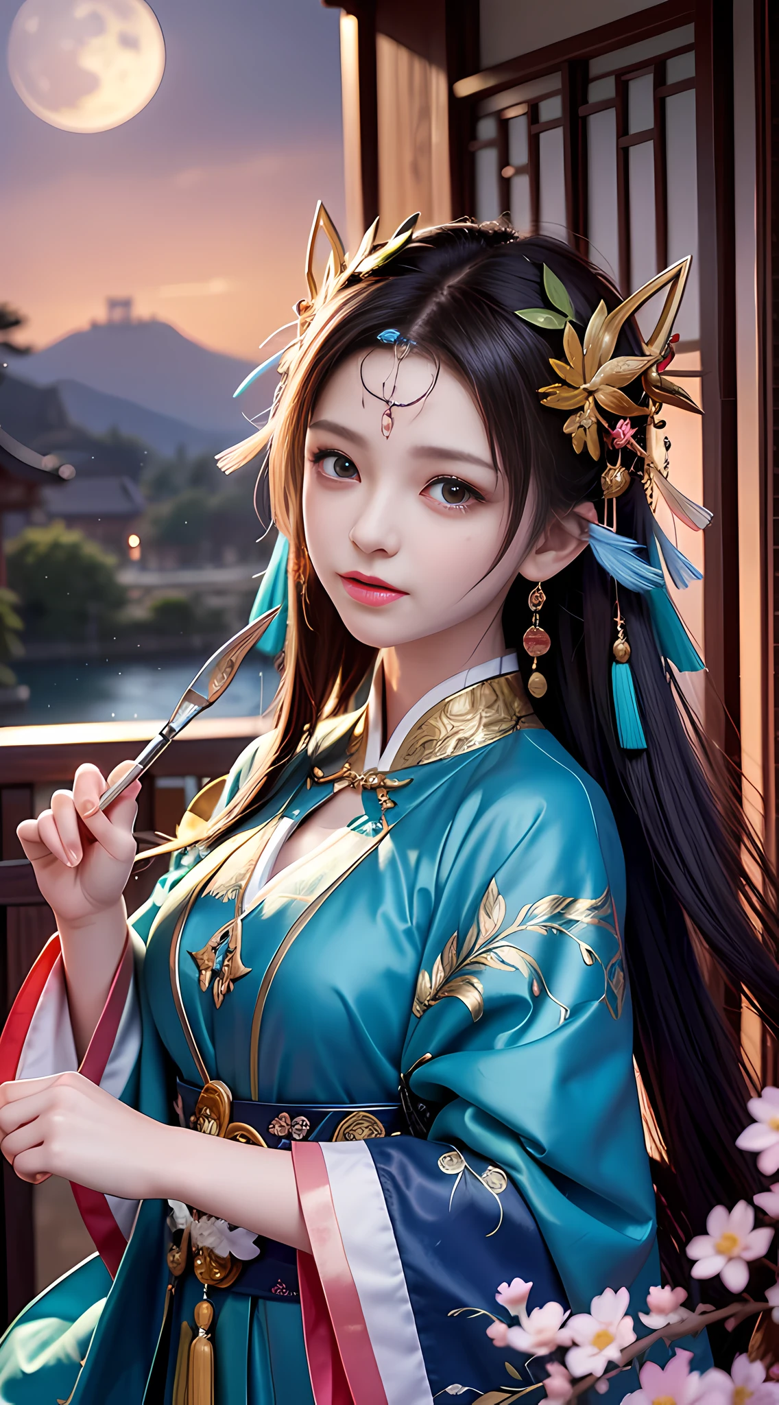 (8k, RAW photo:1.2),best quality, ultra high res,dramatic angle,(fluttered detailed color splashs), (illustration),(((1 girl))),(long hair),(rain:0.9),(hair ornament:1.4),there is an ancient palace beside the girl,chinese clothes,(focus on), color Ink wash painting,(color splashing),colorful splashing,(((colorful))),(sketch:0.8), Masterpiece,best quality, beautifully painted,highly detailed,(denoising:0.6),[splash ink],((ink refraction)), (beautiful detailed sky),moon,highly,detaild,(masterpiece, best quality, extremely detailed CG unity 8k wallpaper,masterpiece, best quality, ultra-detailed),(Lycoris radiata),