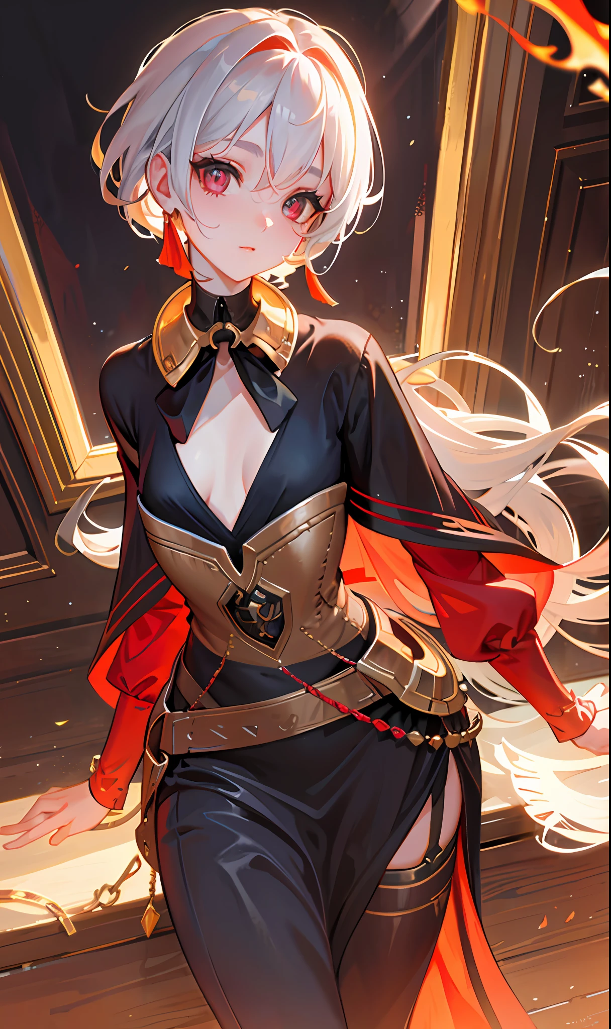 (Masterpiece, Side Light, Fine Beautiful Eyes: 1.2), (Masterpiece * Portrait), Portrait, (Bust), Realistic, Anatomically Correct, 3D Face, Sweet Skin, (Solo), (Close-up of Face), (Fire Opal General Scarlet Eyes), Hanging Corner of the Eye, ((High Detail Skin, Visible Pores)), (Perfect Figure), A Beautiful Girl, Small Breasts, (((Western Style Clothing)), (Neck Ring)