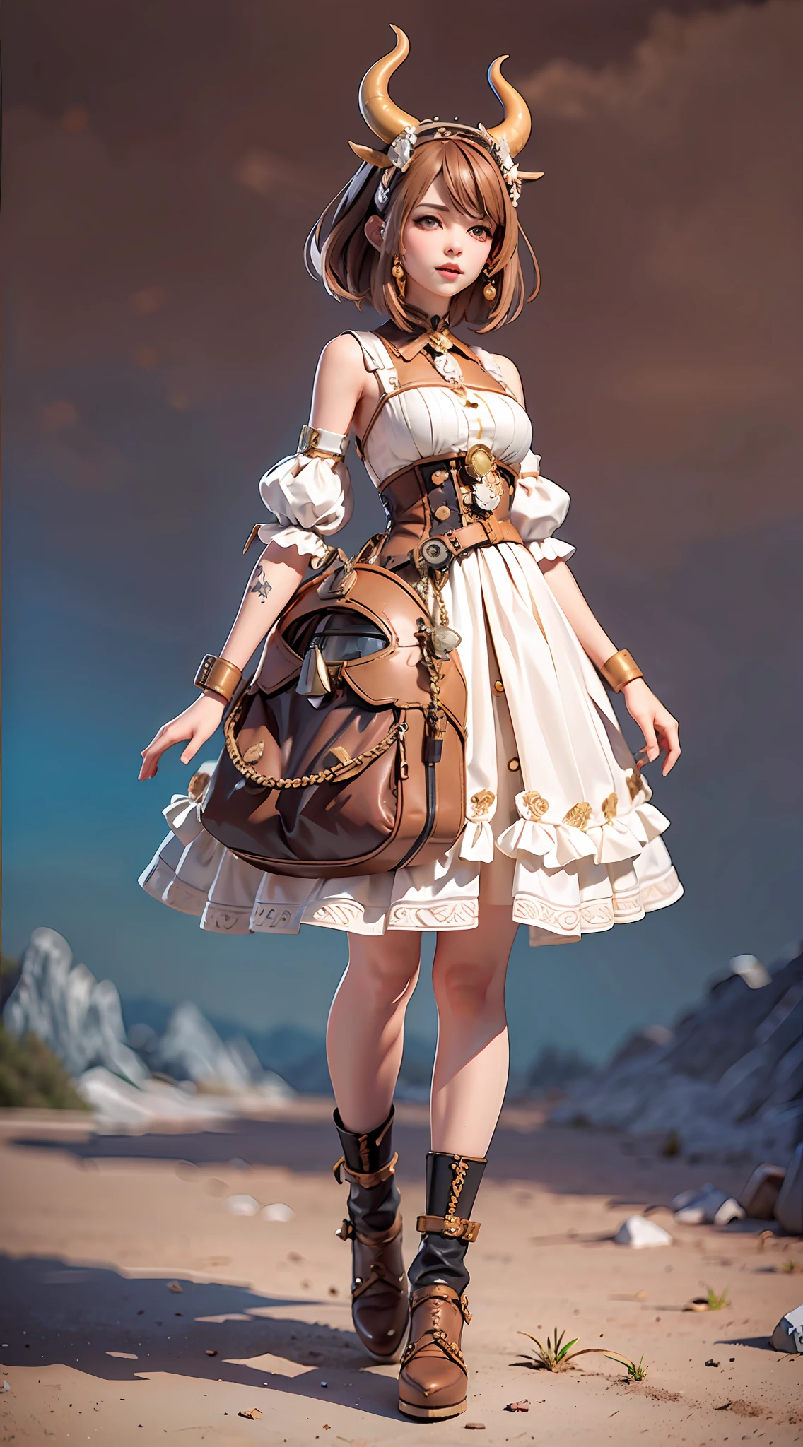 Broken [brown: white: 0.5] theme, ((gradient background: 1.1))),panorama, full body, best quality, masterpiece, super high resolution, (realism: 1.4), absurdity, cinema lights, (best vista photos of mechanical girls), (anatomically correct), ((horn-shaped headdress)), ((glowing light)), brown, short hair, brown eyes, smile, delicate tiara, (dress with cowhide pattern), (brown shoes)), (sideways))), ( koh_amberheard:0.9), extremely detailed face, surrealism, steampunk, intricate design, extremely detailed, exquisite detail, HDR (High Dynamic Range), ray tracing, perfect proportions