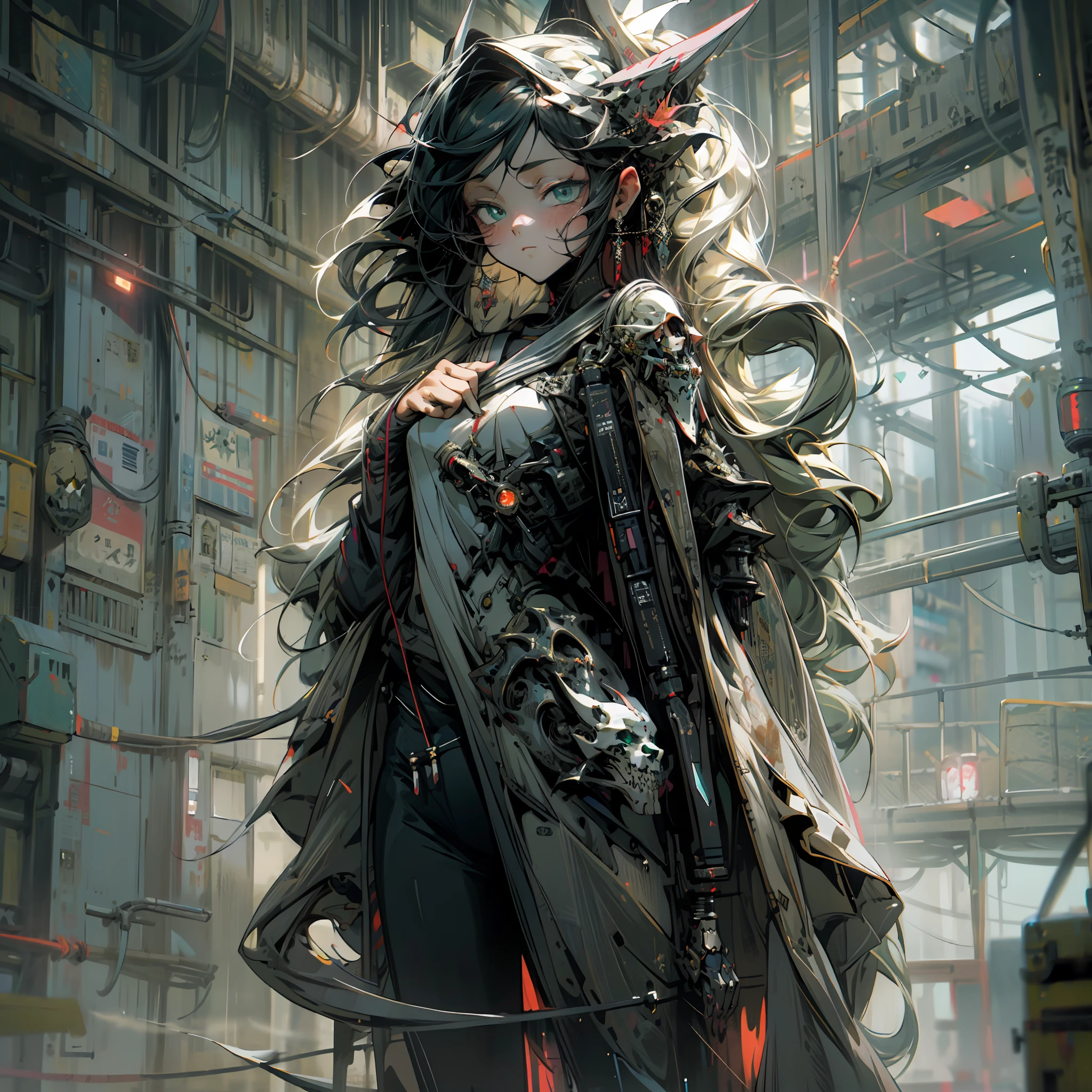 official art, unity 8k wallpaper, ultra detailed, beautiful and aesthetic, High quality, beautiful, masterpiece, best quality, (zentangle, mandala, tangle, entangle:0.6), male focus limited palette, low contrast, 1girl, serafuku, long straight black hair, lycoris flower, goat skull, (red, black), (horror), (gloomy), blood, masterpiece, best quality, ultra-detailed, 1girl, beautiful detailed eyes, beautiful detailed glow, cuberpunk, extremely detailed CG unity 8k wallpaper, tall slender body, tall girl, long wavy black hair, green eyes, athletic build, size 3 chest, white lab coat, black T-shirt, black pants, lab room, medium breasts, rain, cyberpunk city, cyberpunk armor, full body,