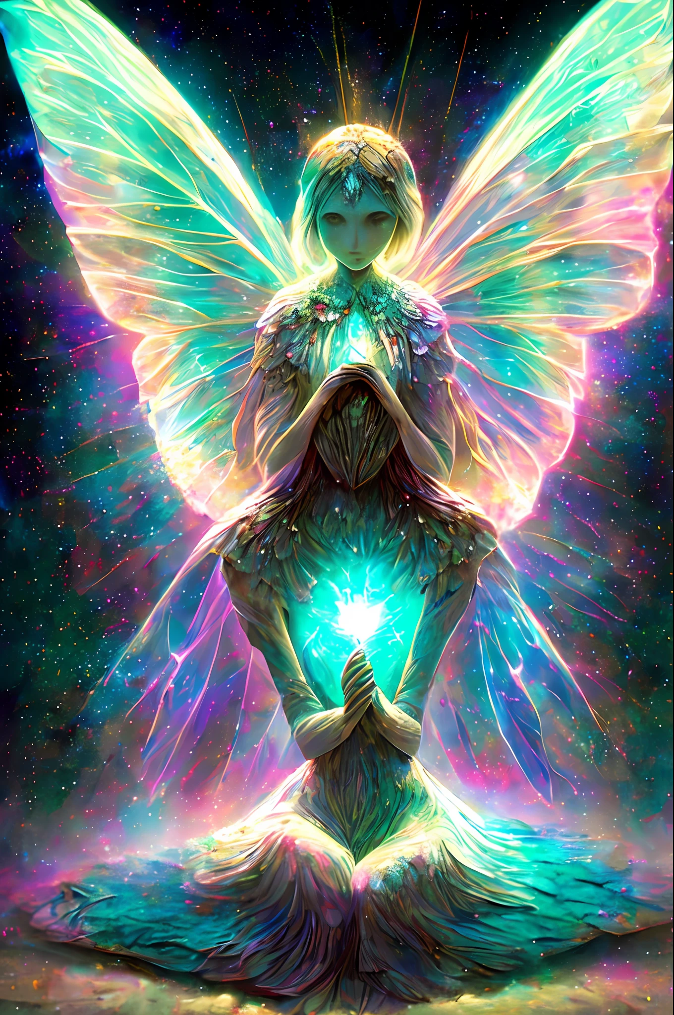 Image of a fragile woman with delicate features, sitting curled up with her hands hugging around her legs. It has butterfly wings sticking out of its back, symbolizing the idea of liberation. The image is colorful, but has a context of light that surrounds it, highlighting the delicacy and the sense of hope. The wings are visible and draw attention, representing transformation and the quest for freedom. ((best quality)), ((masterpiece)), ((realistic)), portrait, 1girl, heavenly, deity, goddess, particles of light, halo, looking at the viewer, (bioluminescent: 0.95) ocean, bioluminescent, vibrant, colorful, color, (bright, brightness), (beautiful composition), cinematic lighting, intricate, (symmetrical: 0.5), capricious,