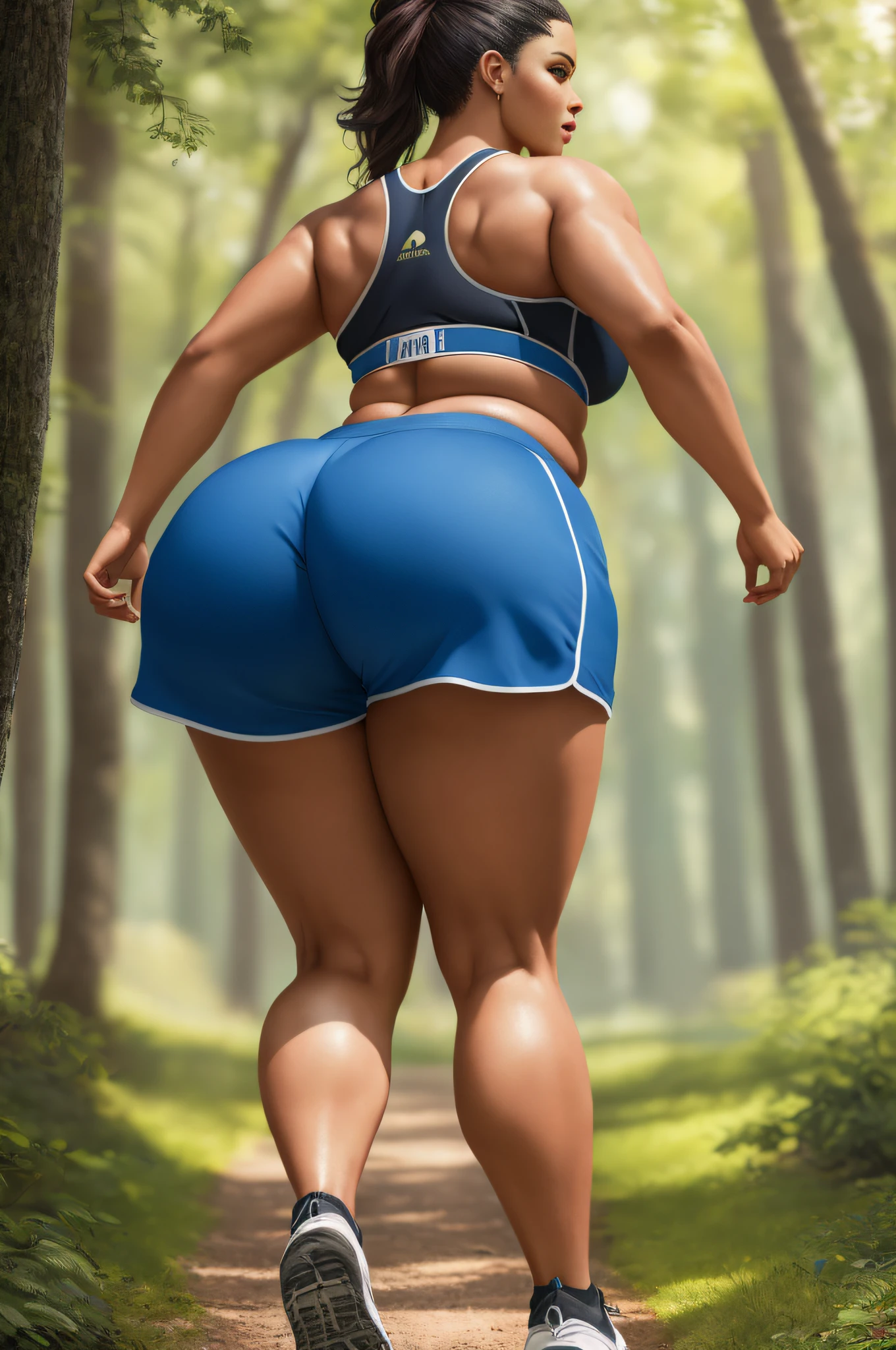 ((Masterpiece)), (Best Quality)), (Very detailed), (Very detailed), 4K, (8K), Best Quality, (Beautiful), Perfect Anatomy, Photo from behind, Plump big ass, Supermodel portrait photography, Solo, (Running Wear, Running Shorts), Meticulously rendered face, Beautiful eyes, Feminine physique, Goddess of Beauty, Unreal Engine, octane rendering, parks, film lighting,