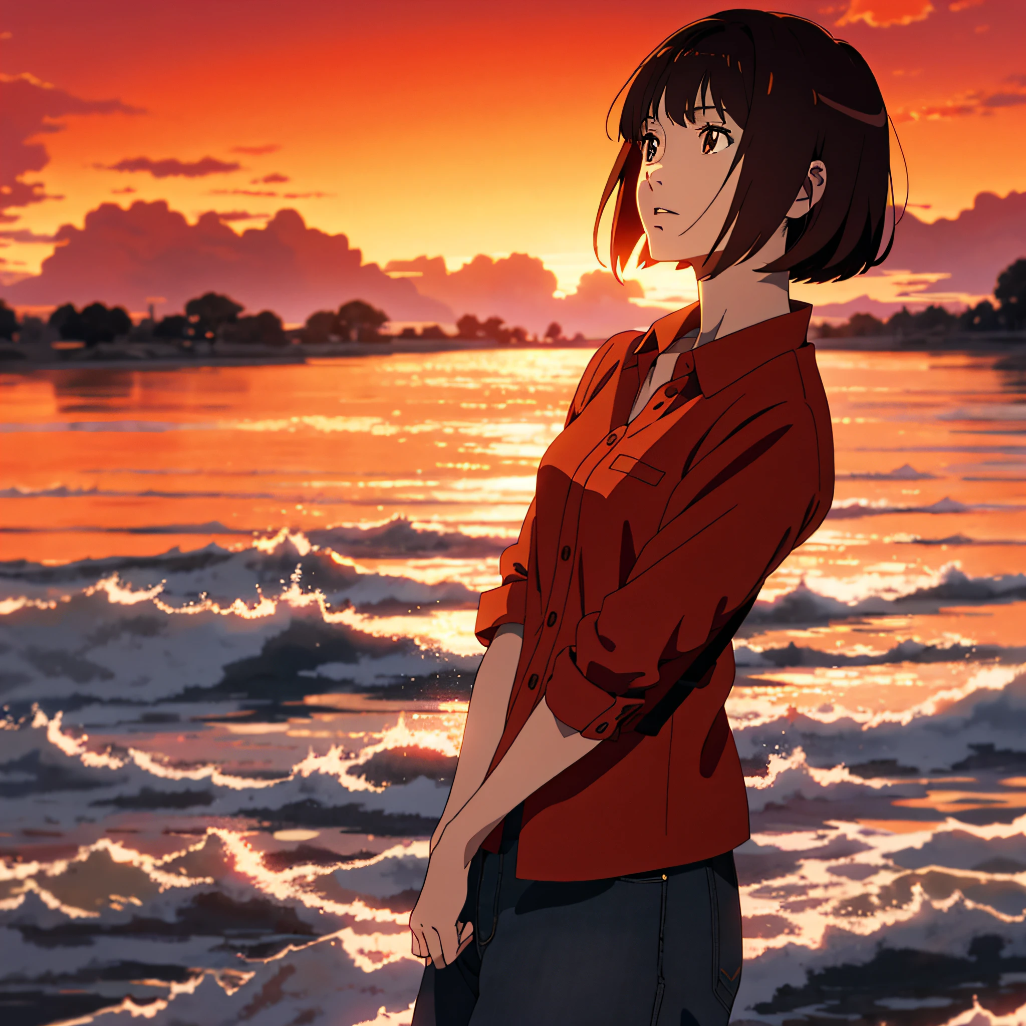 Detailed anime style illustration, young beautiful woman looking up at sunset, standing, brown short hair, bangs, wistful expression, low angle, face close-up, solo, red shirt, Makoto Shinkai, anime style, dyed red by sunset, background is only red sky