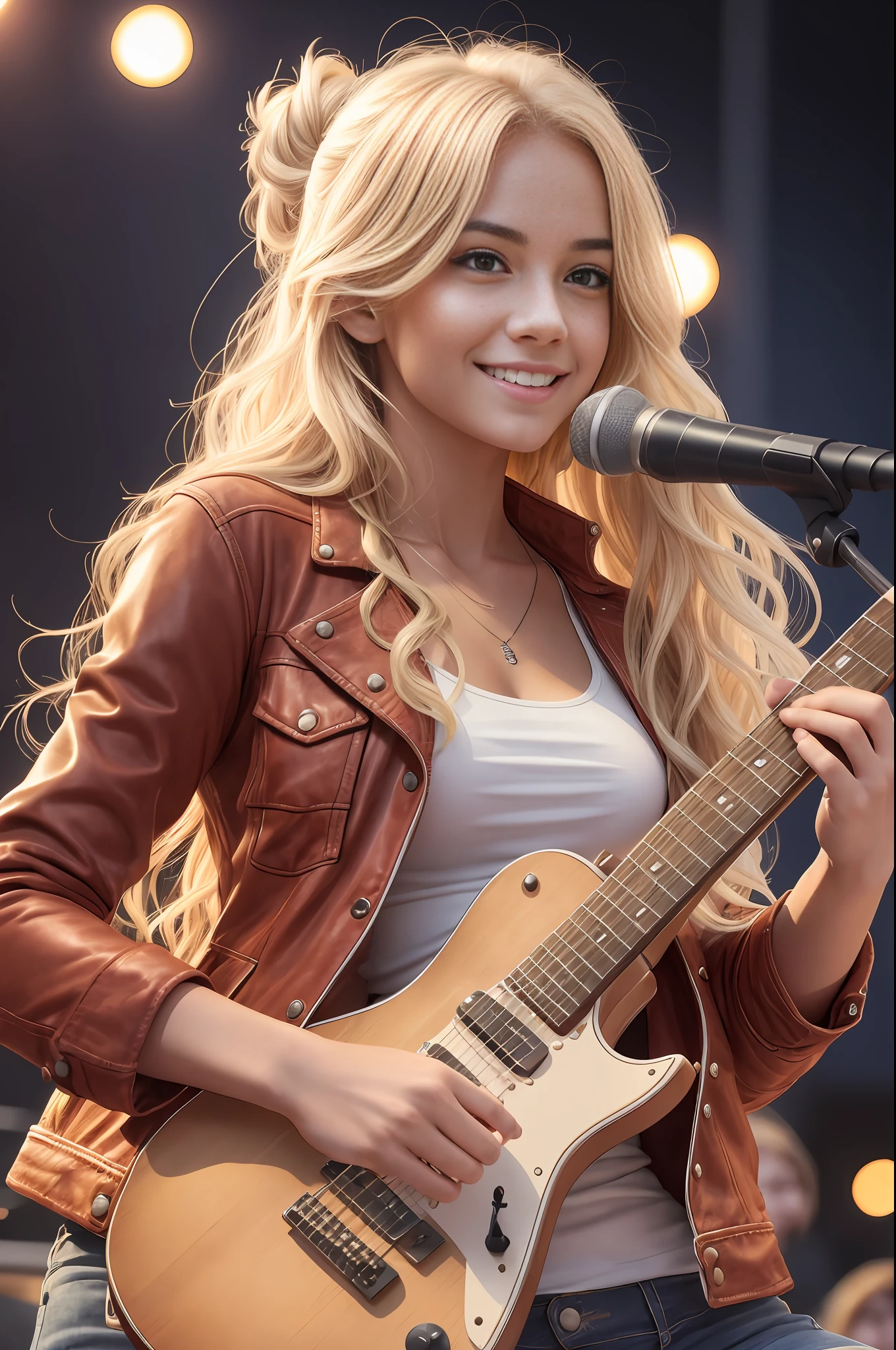 absurdres, RAW photo, highest quality, (masterpiece: 1.3), high detail RAW color photo, professional photo, extremely detailed CG 8k wallpaper unit, photo-realistic, realistic, RAW photo, masterpiece, best quality, highres,
1girl, 19 YEARS OLD, white, blonde hair, wavy, Average length, random hairstyle, beautiful body, thin legs, perfect gorgeous face, beautiful light brown realistic eyes, fair skin, detailed skin texture, very small natural breasts. Smiling. She looks amazing. Playing electric guitar at a concert. (Red jacket, simple design). Concert hall at night.