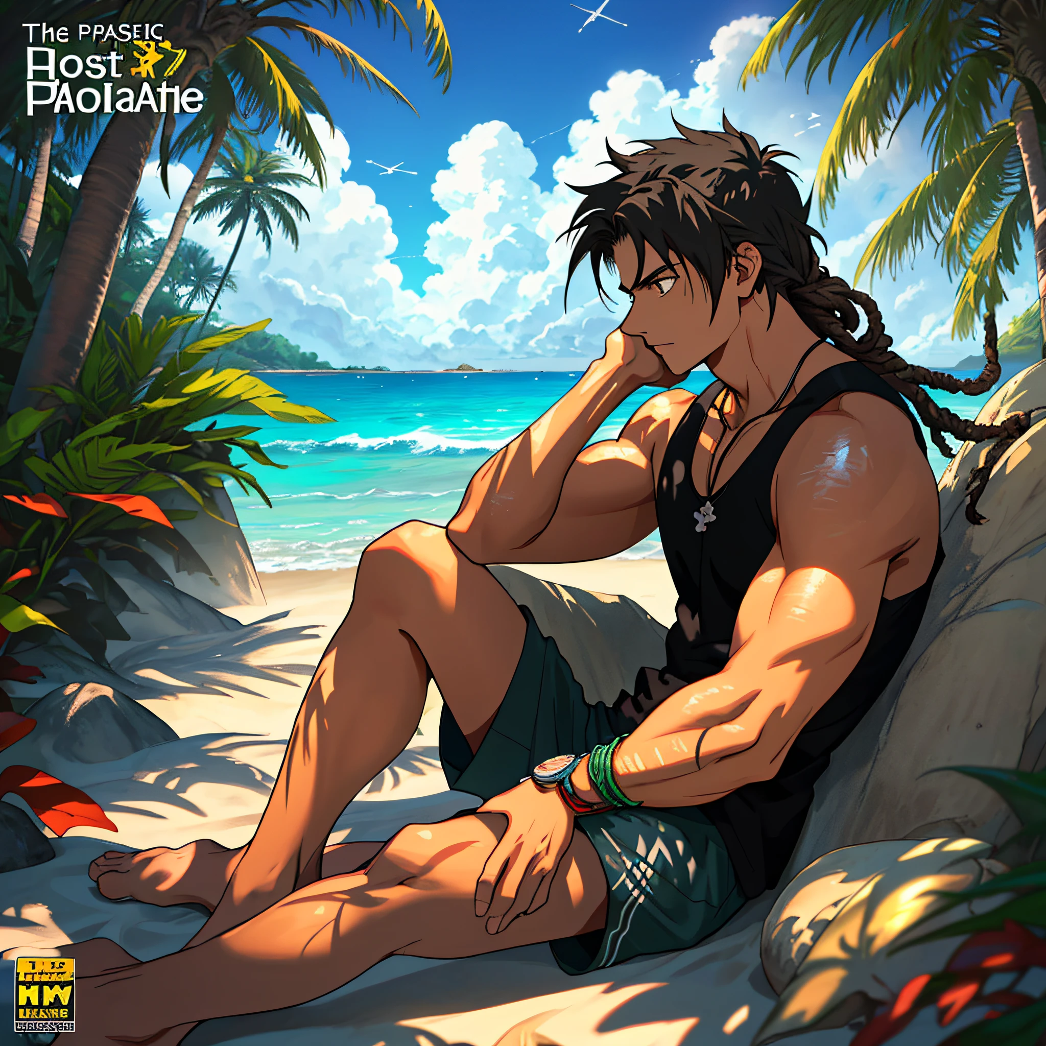 (((dramatic))), (((gritty))), (((intense)))) (("THE LOST PARADISE")) The MOVIE poster features as the central character, a young boy on the sand, cabelo longo negro com dreads, cabelo ondulado, pele bronzeada, Thoughtful, looking down, black tank top, black surf shorts with golden details,The text is bold and eye-catching with a BIG TITLE AT THE TOP, with catchy slogans that add to the overall drama and excitement. dythe title is "THE LOST PARADISE" (magazine:1.3), (cover-style:1.3) , (title "THE LOST PARADISE") Fighting stance, battle shonen, anime style,capa de mangá classica. Summer, sun, beach, coconut palms, swell sea, nature, light blue sky, island paradise, big waves, coconut trees, beams of light illuminating his face, luz nos olhos, c golden, anime style, hunter x hunter, sand particles and sea air in the air, mystical, mysterious, natural atmosphere, sitting on the stone with moss and vegetation, flowers, boards buried in the sand of the beach