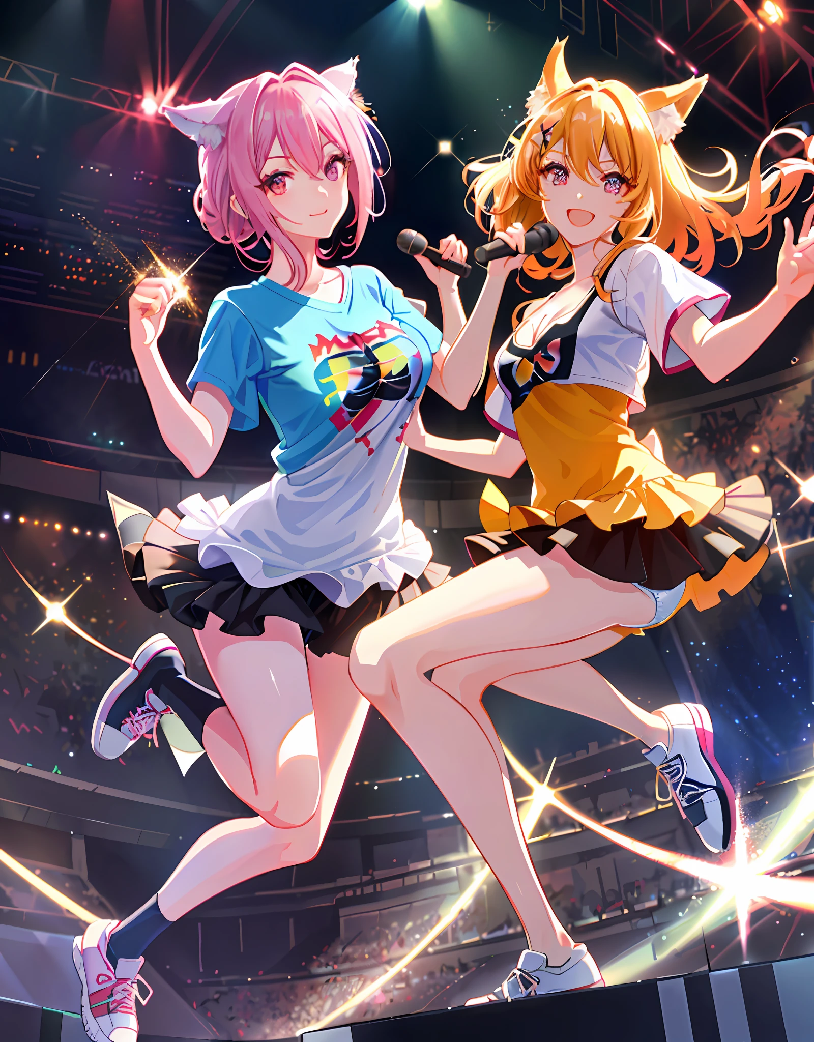 Dynamic angle, highest resolution, best quality, masterpiece, ((Detailed eyes and detailed face: 1.2))))), (((Perfect human arms, super detailed human five fingers)))), (((Perfect human legs)), upper body, 1 or 2 girls, smile, wolf ears, wolf tail, pink eyes, hair between eyes, (wink)))), D cup, cleavage, striped hair, (Variegated hair color:1))))), ((Random hair color: 1)))), versatile hairstyles: 1, twin tails, ultra-detailed gradient hair, (((T-shirt with the kagenari logo)))), professional designer, fashion leader, ruffled dress, sneakers, love live, Idolmaster, jewelry, backstage, best stage, climax, professional stage, ( Holding the microphone with your left hand and singing emotionally, overflowing emotions, the best smile))), singer, vocalist: 1, idol, diva, professional stage, professional lighting, live lighting, distracting, fan service: 1, (((satellite photo seen from the audience)))), ((panchira, cute panties))), full audience