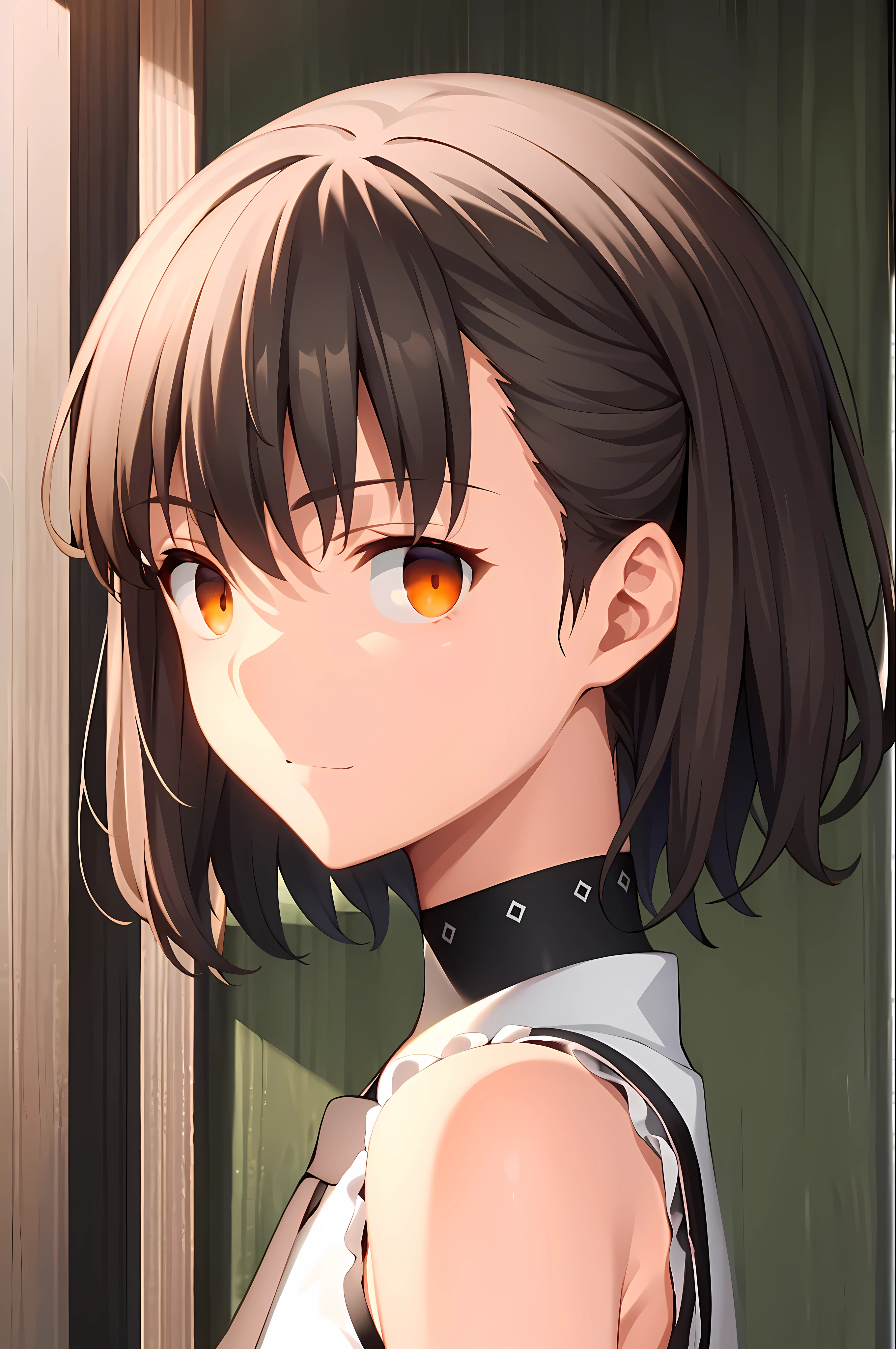 (best quality, high-res, official art, ultra resolution, ufotable screen cap), blur, from side, 1girl, sleeveless white button shirt, white shirt, black skirt, black choker, cute, looking at viewer, (black reverse bob cut, short hair:1), ((orange eyes)), looking at viewer, detailed hands, dark studio, rim lighting, two tone lighting, dimly lit, low key, zeronis, blurred, blur, beautiful, perfection, trending on ArtStation