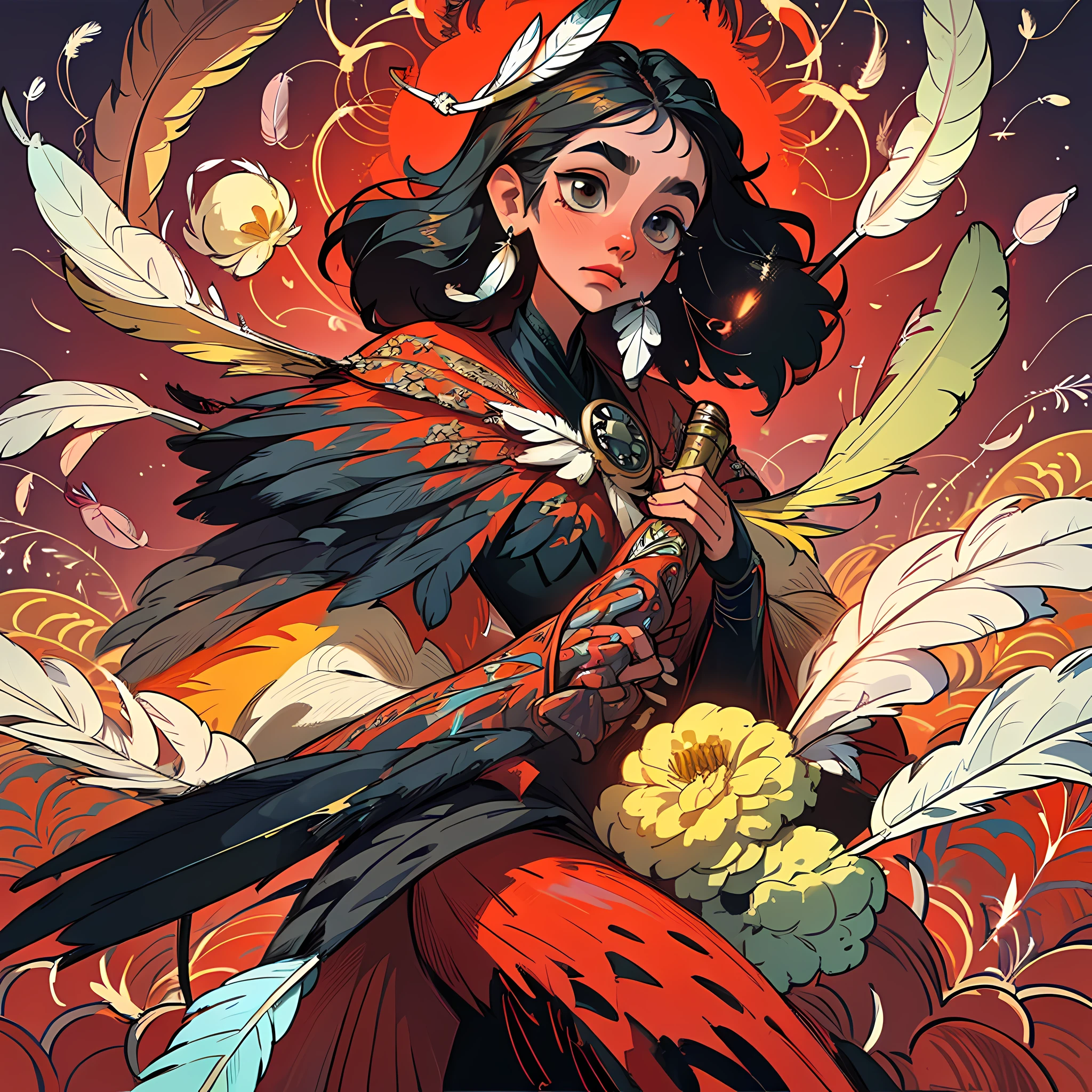 (Masterpiece, Top Quality, Best Quality, Official Art, Beauty and Aesthetics: 1.2), (1girl: 1.3), Very Detailed, (Fractal Art: 1.1), (Black: 1.1) (Flowers: 1.3), Most Detailed, (Zentangle: 1.2), (Dynamic Pose), (Abstract Background: 1.3), (Shiny Skin), (Many Colors: 1.4), ,( earrings), (feathers:1.5), (flamethrowers:1.3), red background, phoenix skirts,