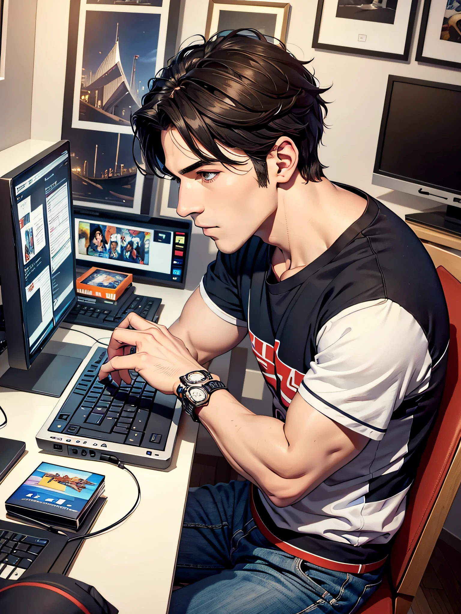 Handsome boy, indoors, playing computer games, casual wear, pinterest, art station, lou ll art