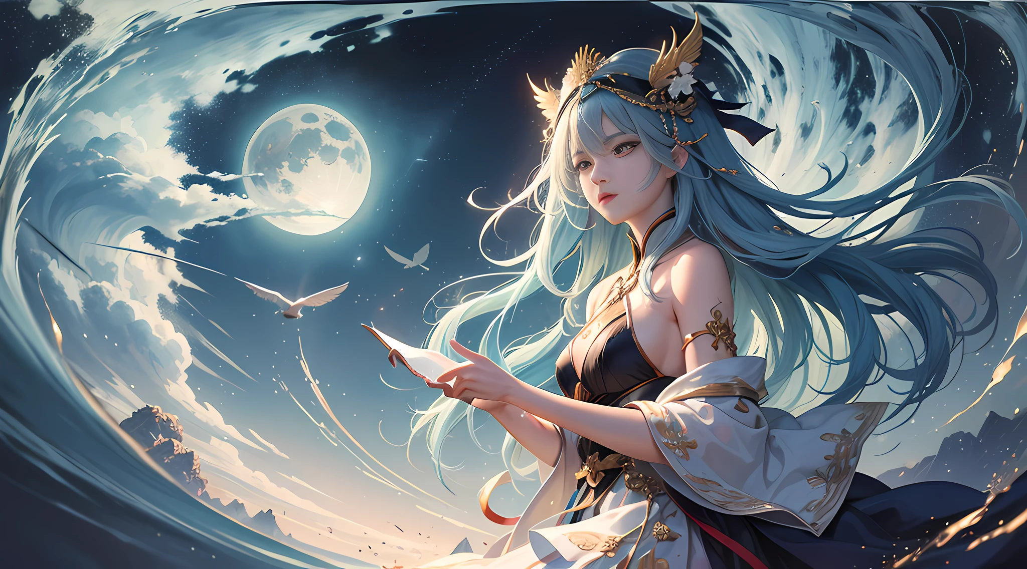 (8k, RAW photo:1.2), best quality, ultra high res,dramatic angle,(fluttered detailed color splashs), (illustration),(((1 girl))),(long hair),(rain:0.9), (头饰:1.4),少女身边有一座古宫,汉服,(重点),彩色水墨画,(泼彩),泼彩,(((colorful))),(素描:0.8) , Masterpiece, best quality, beautiful painted, highly detailed,(denoising:0.6),[splash ink],((ink refraction)), (beautiful detailed sky),moon,highly,detaild,(masterpiece, best quality, extremely detailed） CG unity 8k壁纸，杰作，最好的质量，超详细），（石蒜），